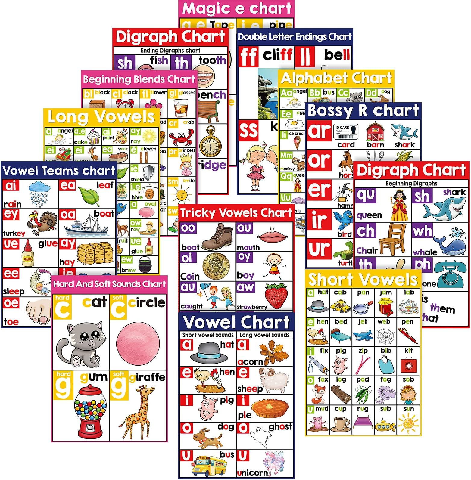 13 English Phonics Poster Language Arts Charts for Kids Toddler Learning Vowels Posters for Kindergarten, Preschool, Primary School Alphabet Bulletin Board Set Classroom Wall Decoration (16 x 11 Inch)