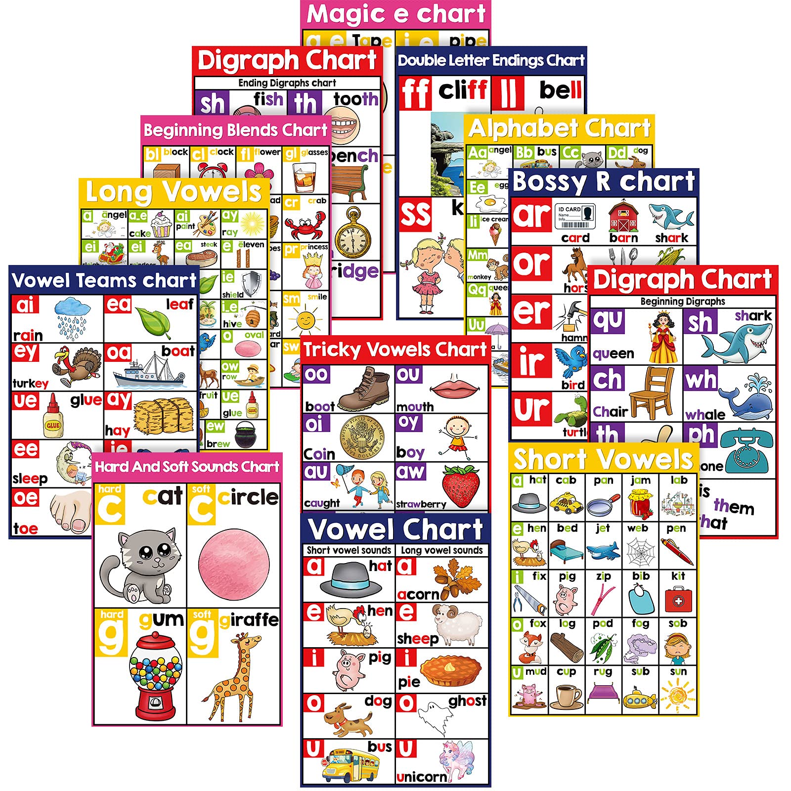 13 English Phonics Poster Language Arts Charts for Kids Toddler Learning Vowels Posters for Kindergarten, Preschool, Primary School Alphabet Bulletin Board Set Classroom Wall Decoration (16 x 11 Inch)