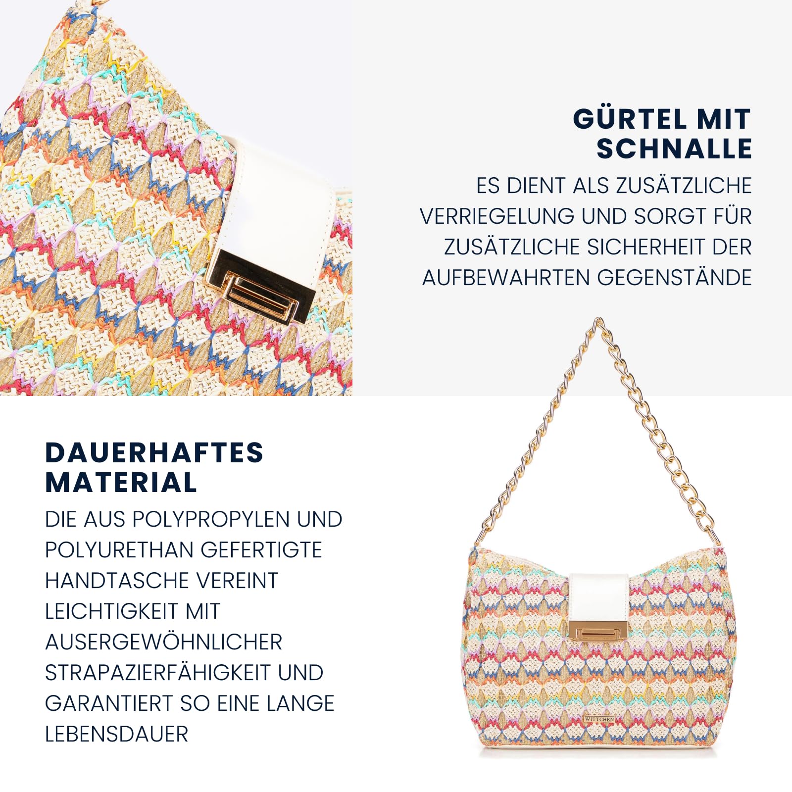 WITTCHEN Damen Umhängetasche | Damen-Beuteltasche Mit Riemen | Mit Kette | Geflochtene Handtasche | Handtasche mit Reißverschluss | Tasche Frauen