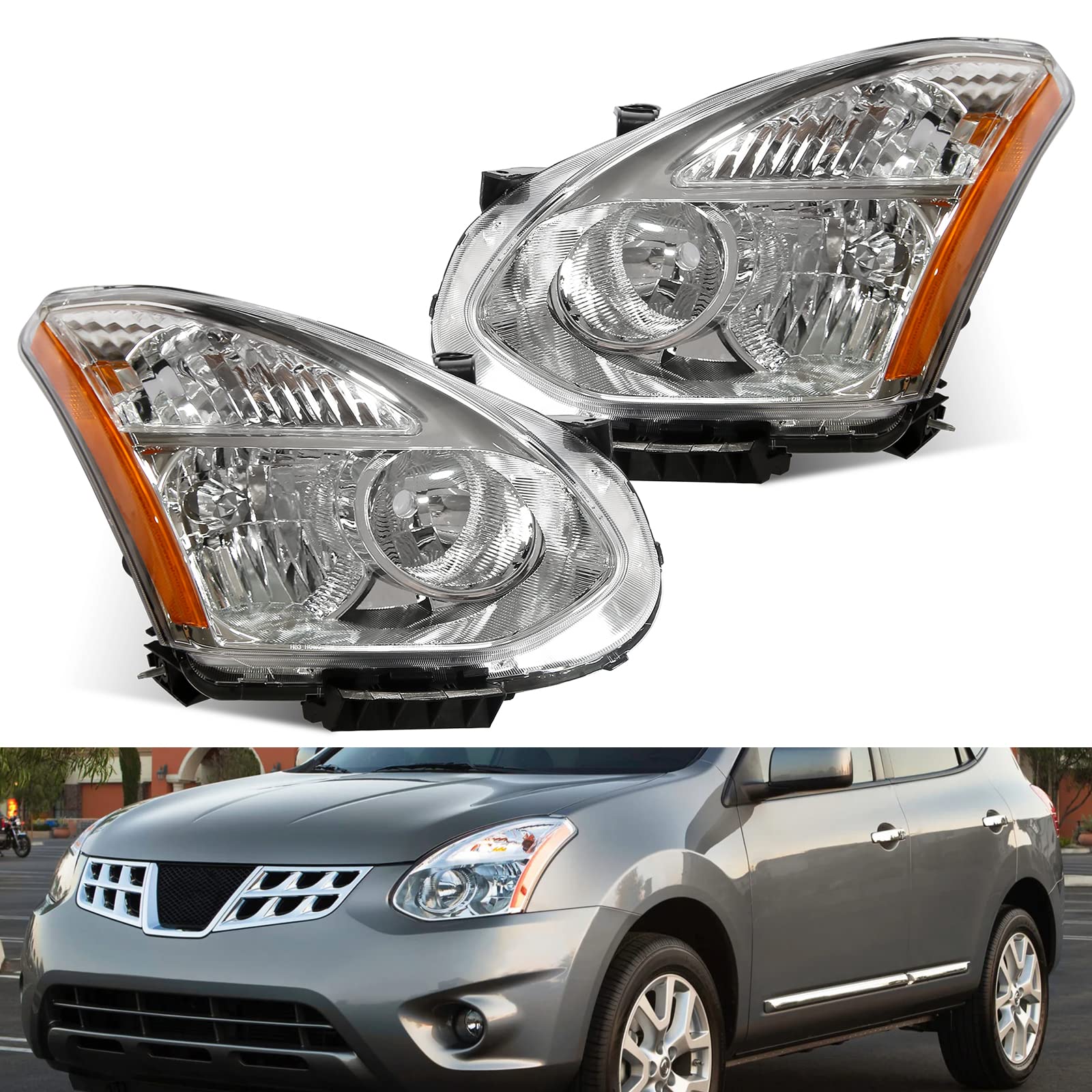 BoardRoad Headlights Assembly Fit for 2008-2013 Nissan Rogue / 2014 2015 Select Halogen Headlamps Replacement Chrome Housing Amber Reflector Driver and Passenger Side