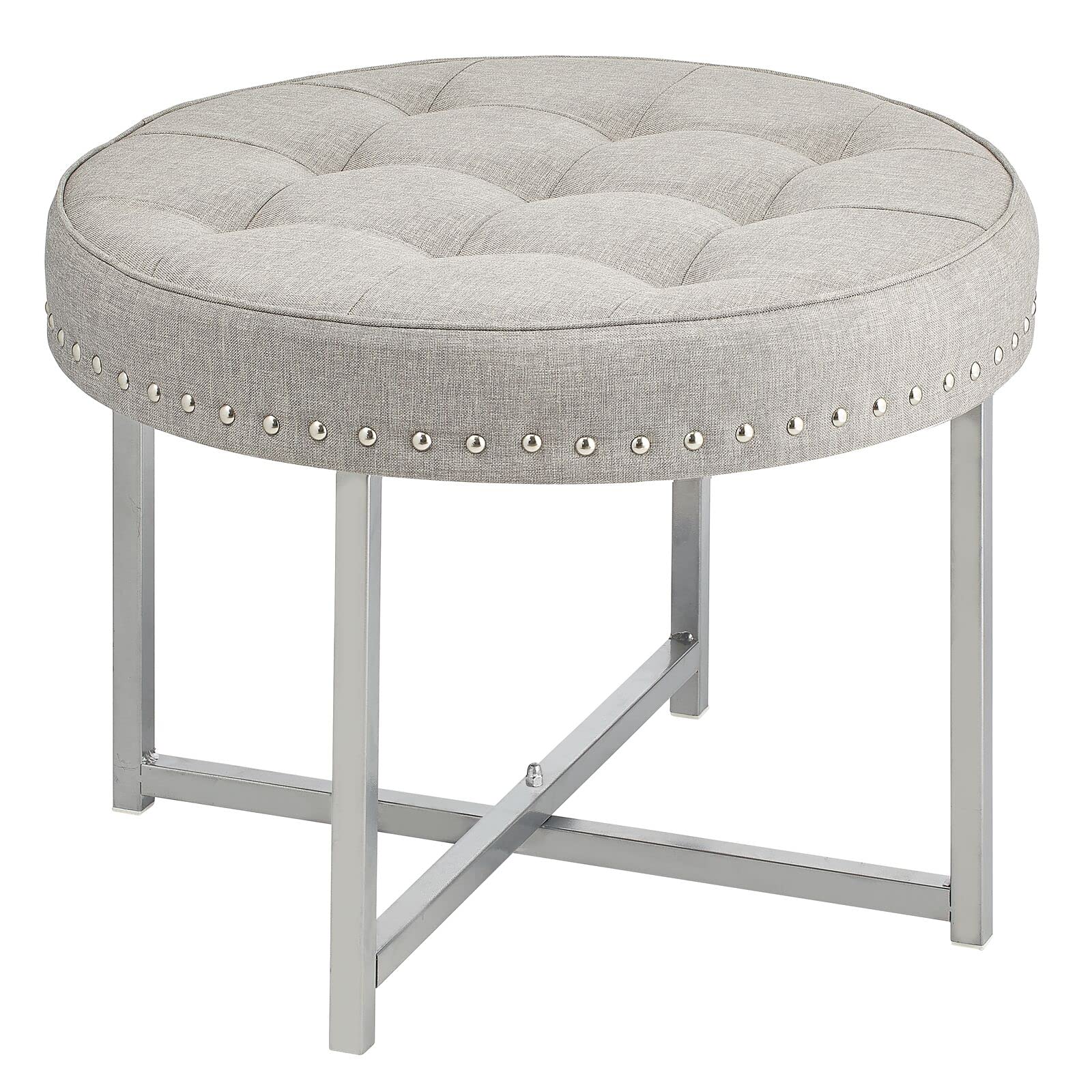 mDesign Sitzhocker – runder Polsterhocker aus Metall und Polyester mit moderner Nietenverzierung – gepolsterter Hocker für Flur, Schlafzimmer und andere Räume – hellgrau und silberfarben