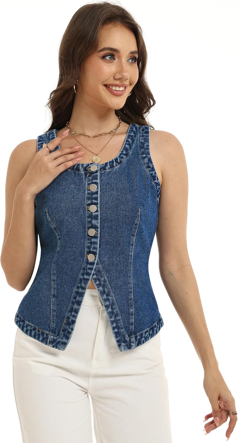 D-Sun Women Sleeveless Denim Vest Crewneck Button Down Jean Waistcoat Casual Front Slit Slim Denim Tank Top - Image 2
