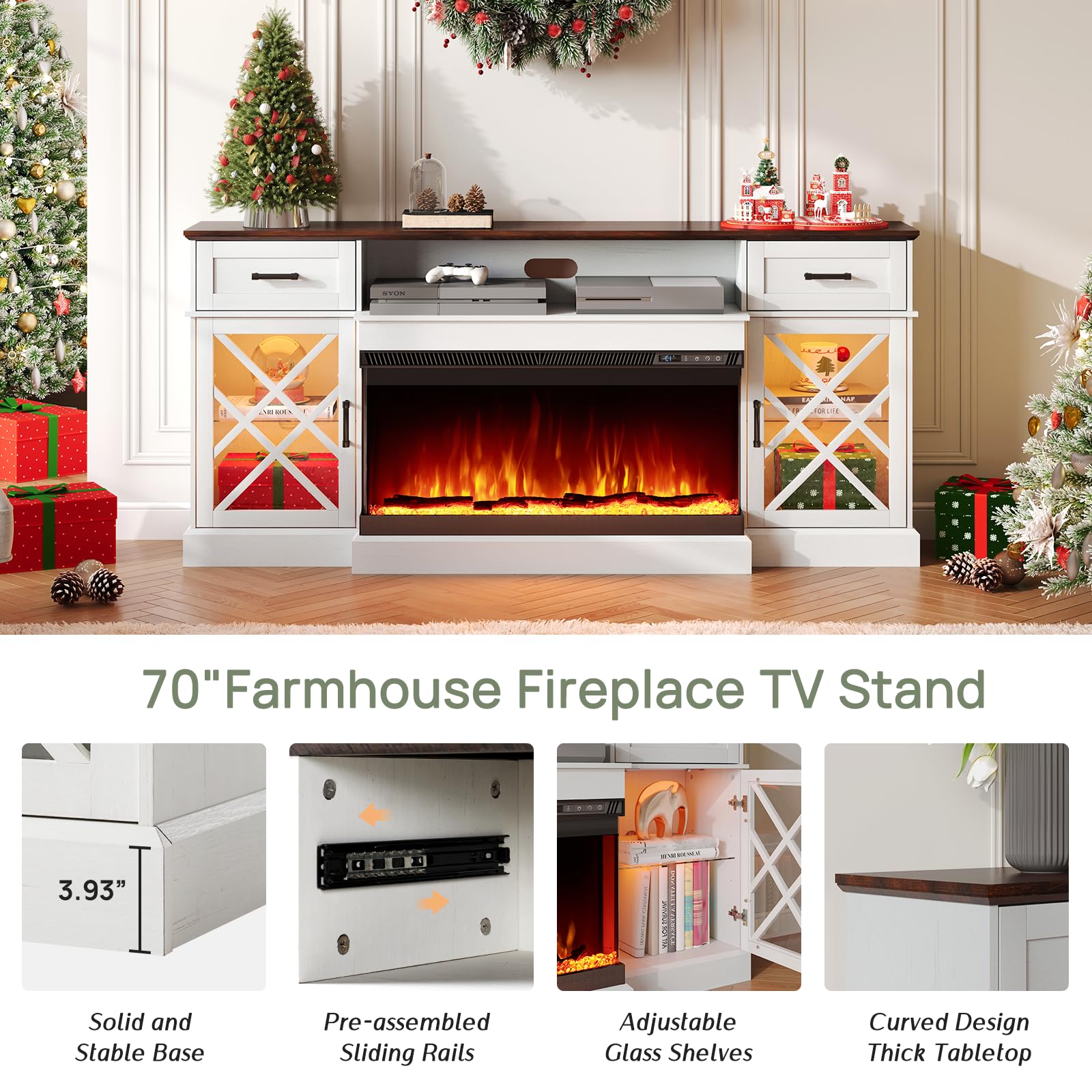 3-Sided Farmhouse LED Fireplace TV Stand, 70" Large Entertainment Center Glass Doors for TVs up to 80", Modern Wood Grain High-Gloss TV Storage Cabinet for Living Room, Antique White