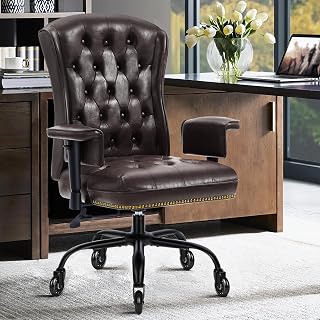 YAMASORO Ergonomic Executive Office Chair with Wheels and Arms, Tufted Back & Nailhead Trim, Home Office Desk Chairs for Home & Office, Faux Leather Swivel Work Chair,Brown