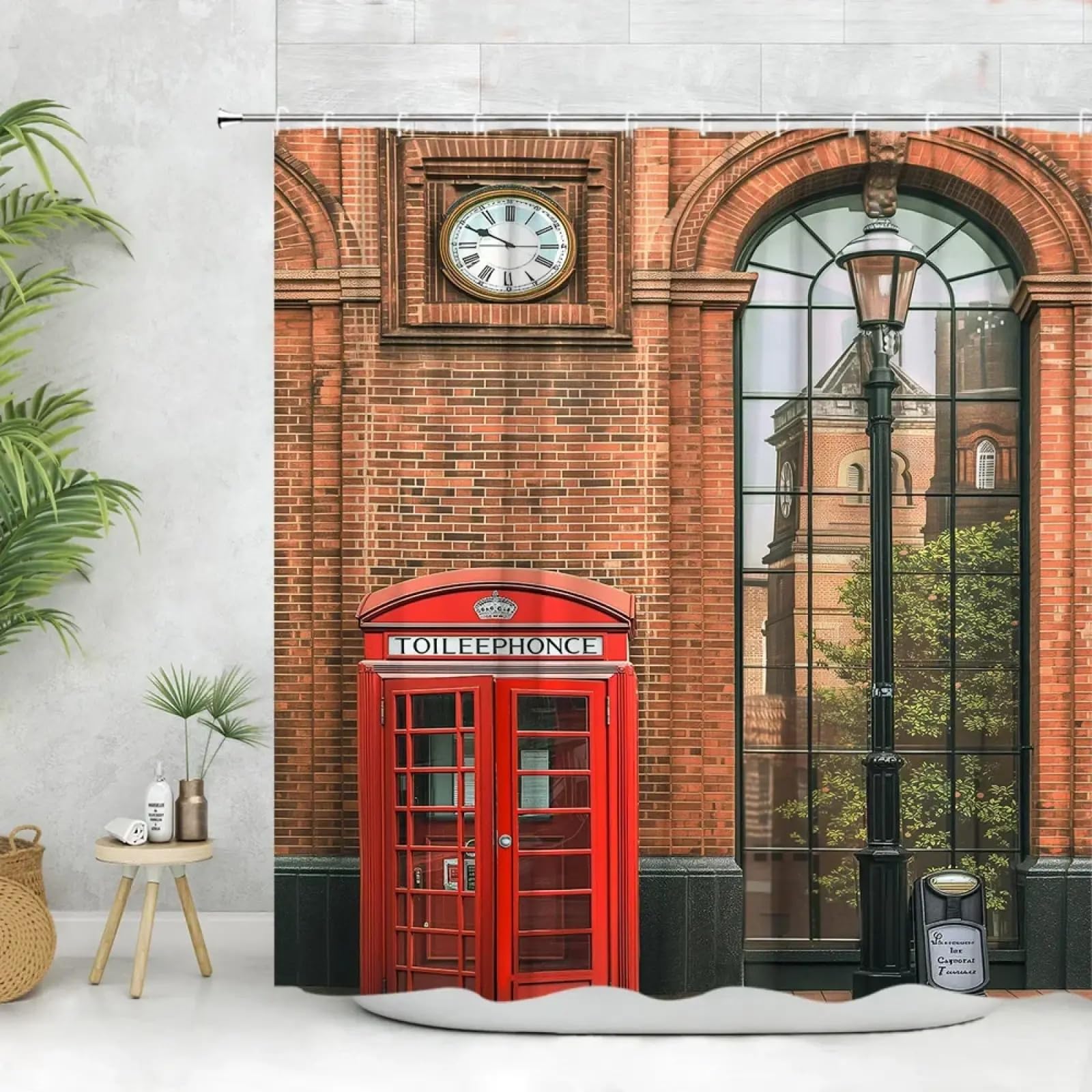 Rideau de douche 136x200cm motif Tour de Paris vintage et cabine rouge