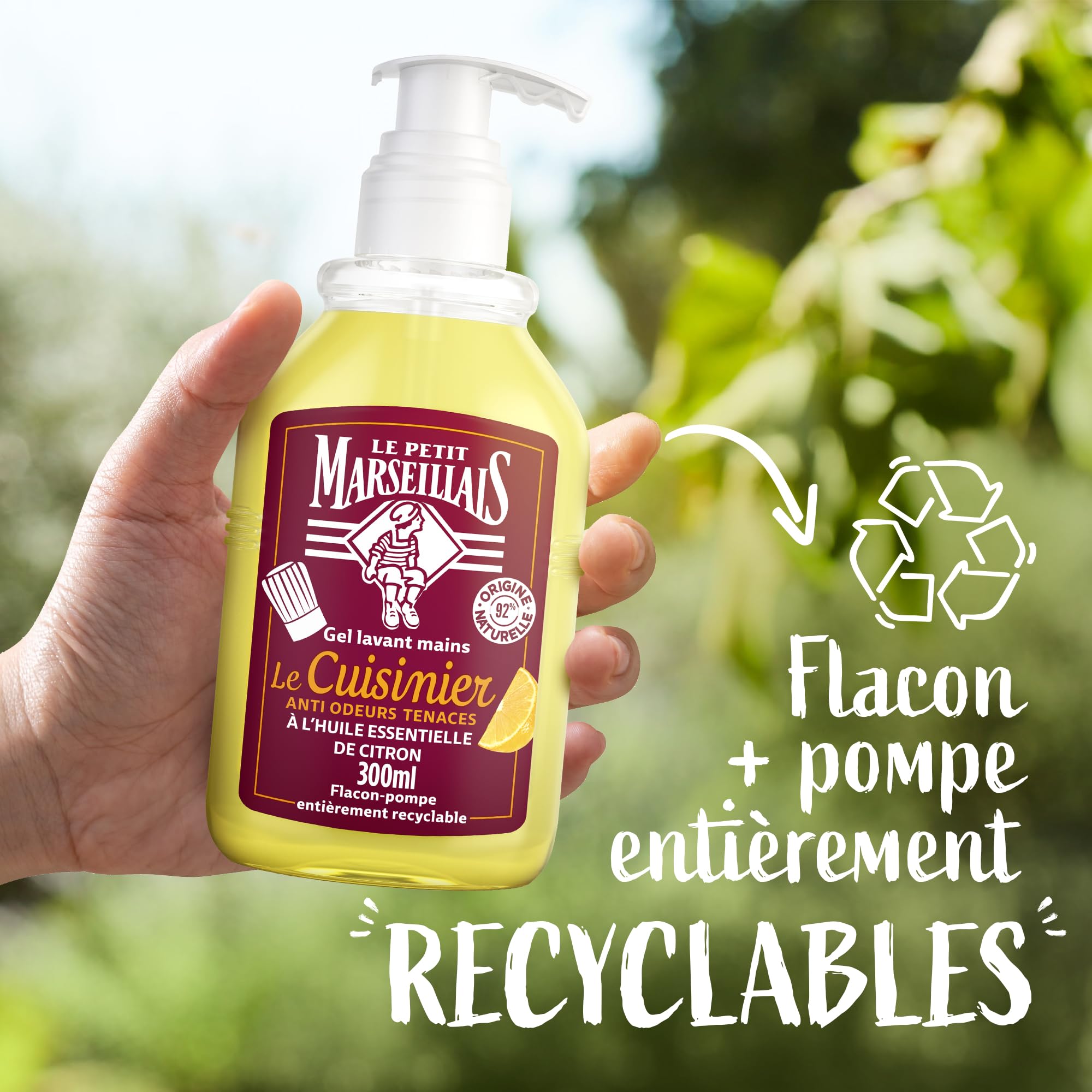 Le Petit Marseillais – Gel Lavant Mains Le Cuisinier (flacon-pompe de 300 ml) – Savon mains liquide anti odeurs tenaces à l'huile essentielle de citron – 92 % d'origine naturelle