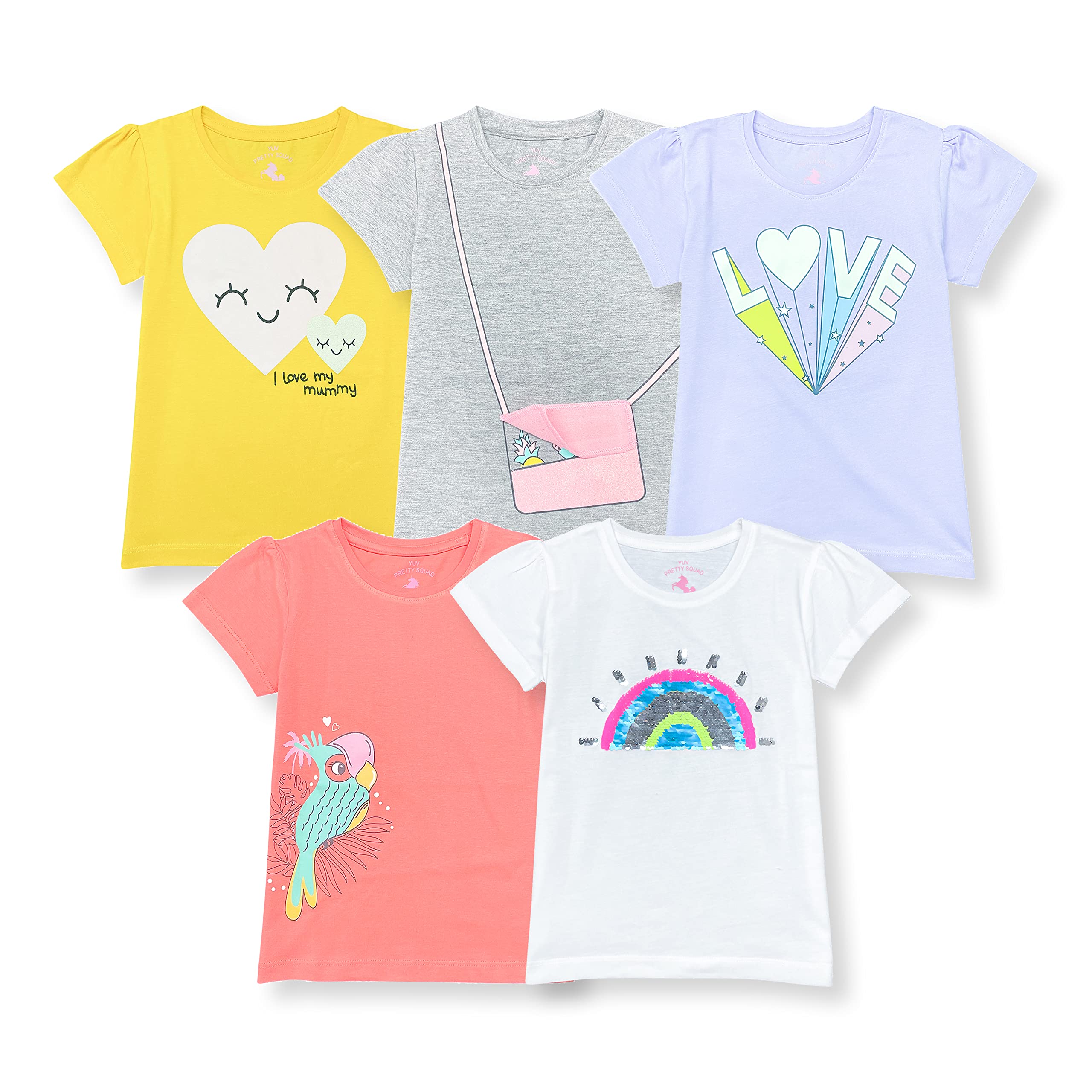 YUV Girls Printed 100% Cotton Multicolor Round Neck T-Shirt- Pack of 5 (2 to 7 Years)