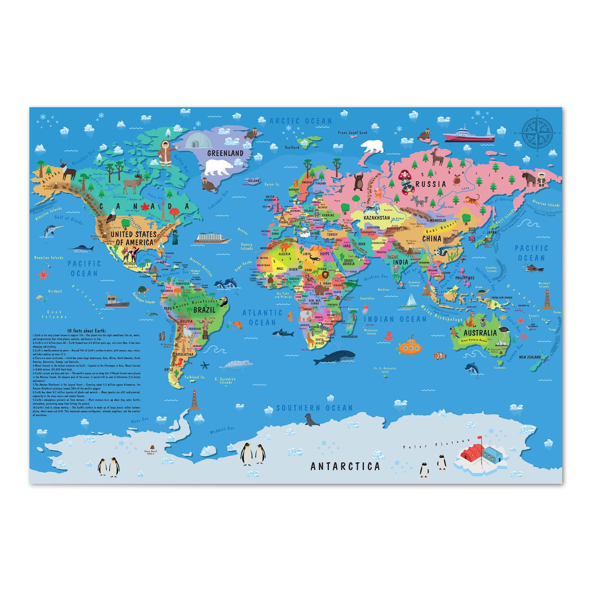 Children’s World Map Poster for Wall – Large A1 Illustrated World Map for Kids Globe Atlas Wallchart