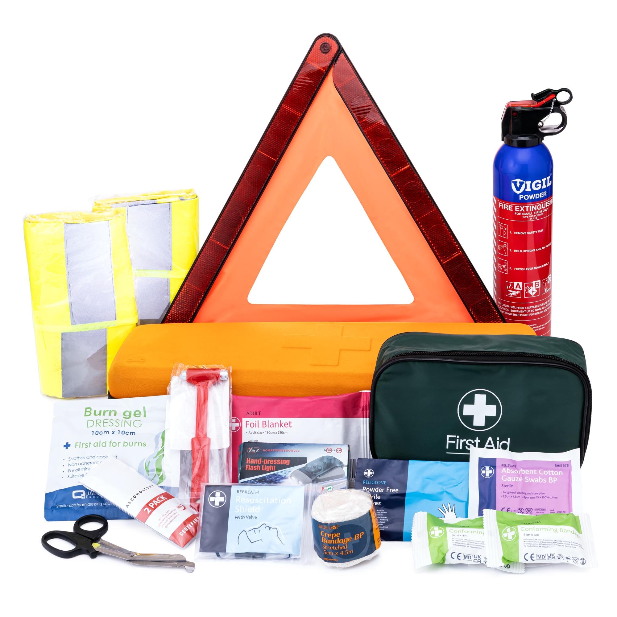 Premium Breakdown First Aid Kit - Fire Extinguisher, Warning Triangle, Torch, First Aid Kit, Alcohol Test and More for Cars, Breakdown Travel.