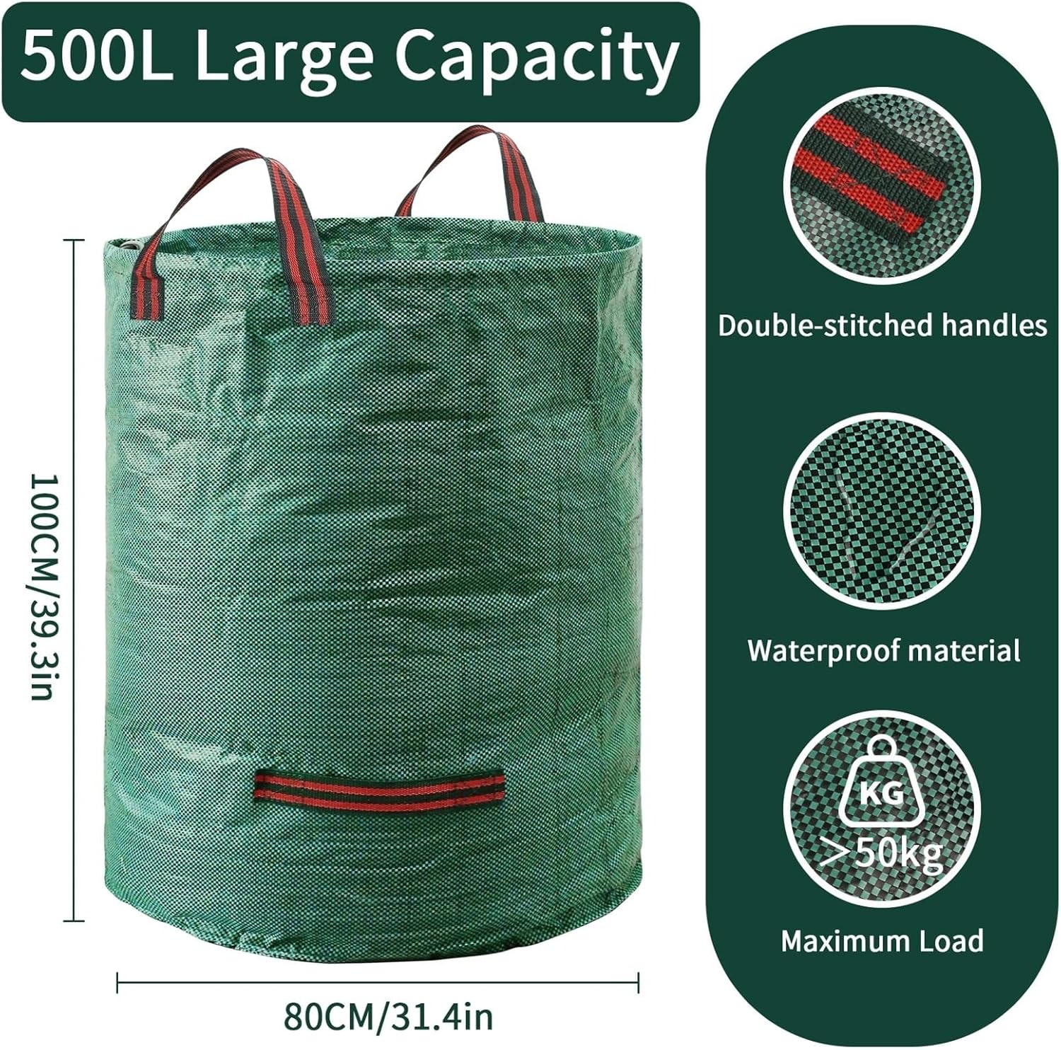 2 Pcs Garden Waste Bag 500L-120L Large Capacity Reusable Waterproof Leaf Sack Weed Trash Container For Yard Storage For Leaves Lawn Debris(500L)