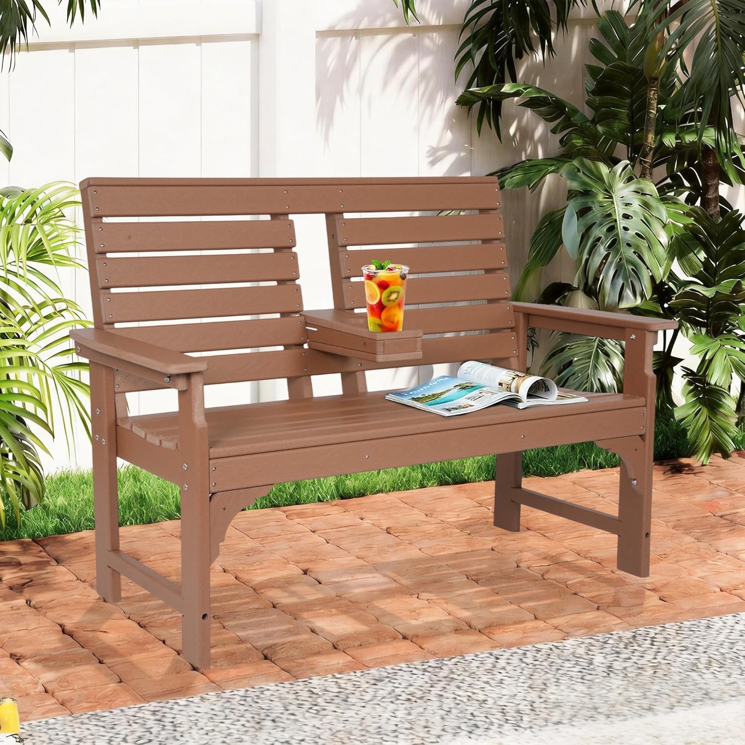 Outdoor Bench with Cup Holders, HDPE 2-Person Weatherproof Patio Benches, Fade/Rot Resistance, Garden Bench for Front Porch Backyard Park, Brown