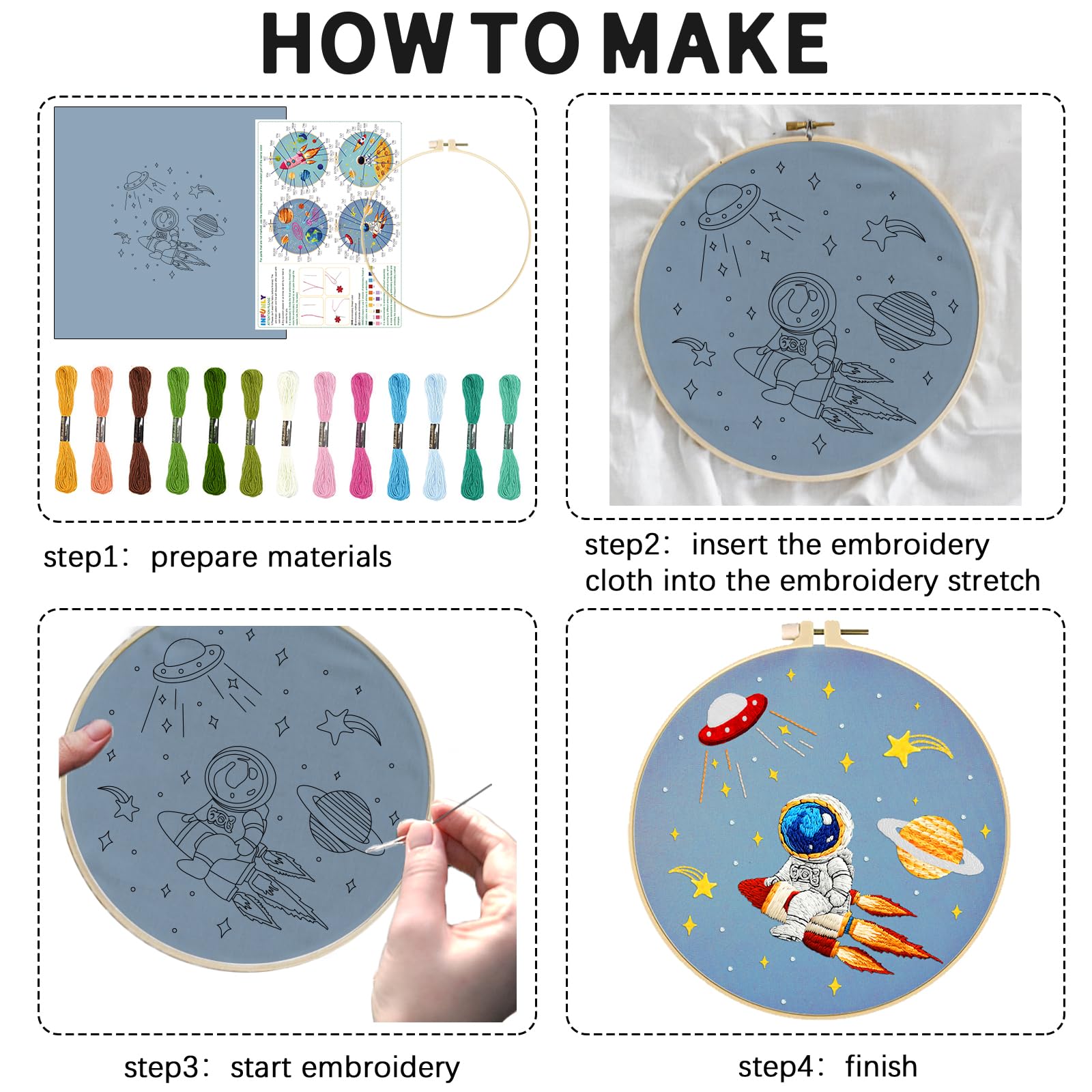 INFUNLY 4 Set Astronauten Sticksets für Anfänger Weltraum Kreuzstich Sets Mit Anleitung Raketen Stick Starter Sets für Erwachsene DIY Stick Nadelspitzen Sets Handgefertigte Näh Und Bastelsets