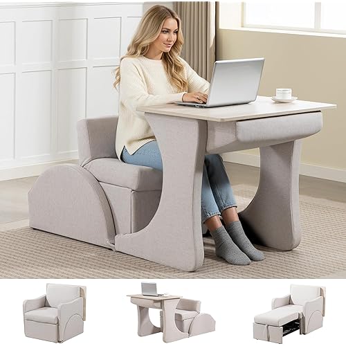 Chaise Lounge Chair Indoor, Fabric Reading Chair, Convertible Sleeper Chairs with Pull-Out Single Sleeper Sofa, Small Couch Bed, Foldable Table, Adjustable Backrest for Dorm, Bedroom, College, White