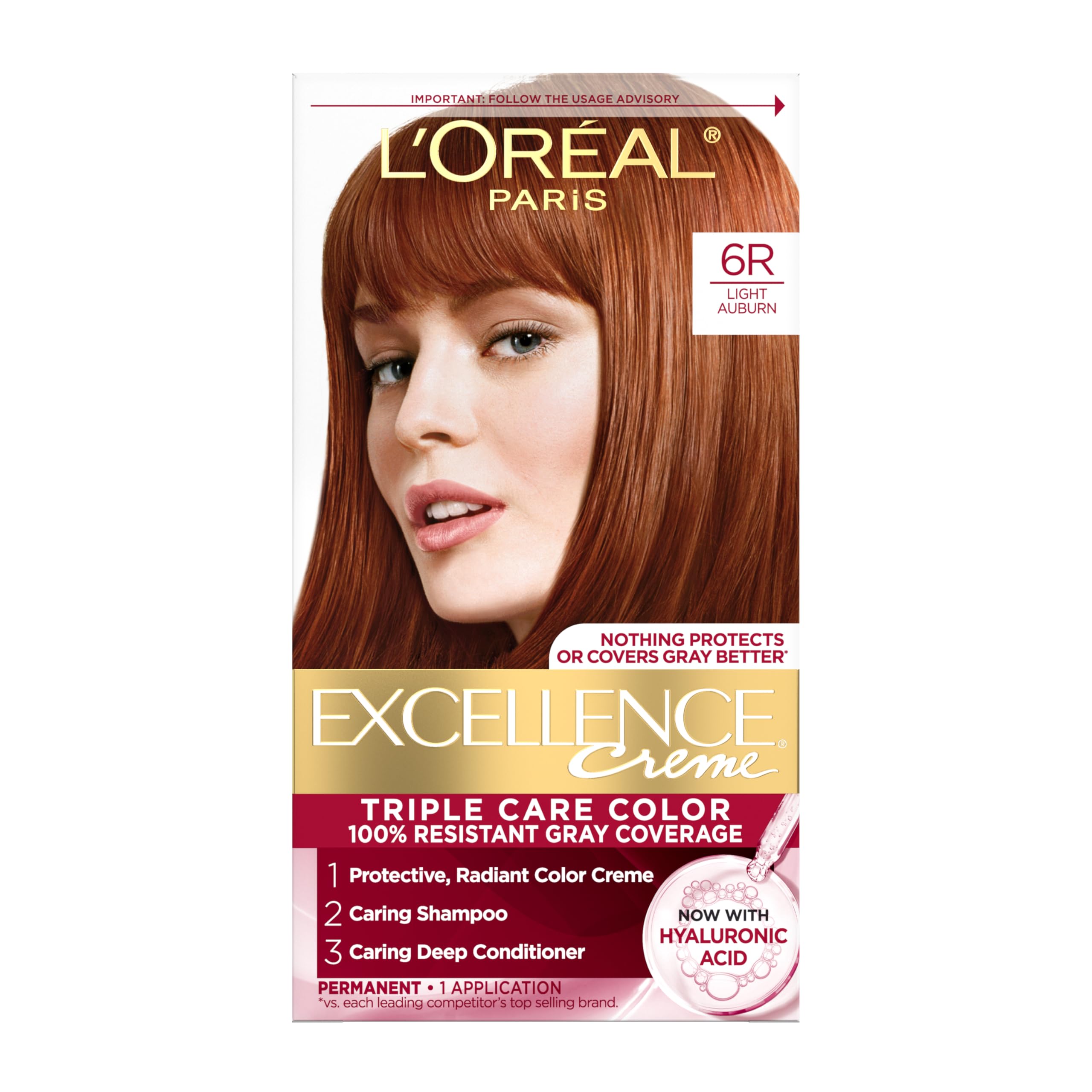L'Oreal Paris Excellence Creme Permanent Triple Care Hair Color, 6R Light Auburn, Gray Coverage For Up to 8 Weeks, All Hair Types, Pack of 1