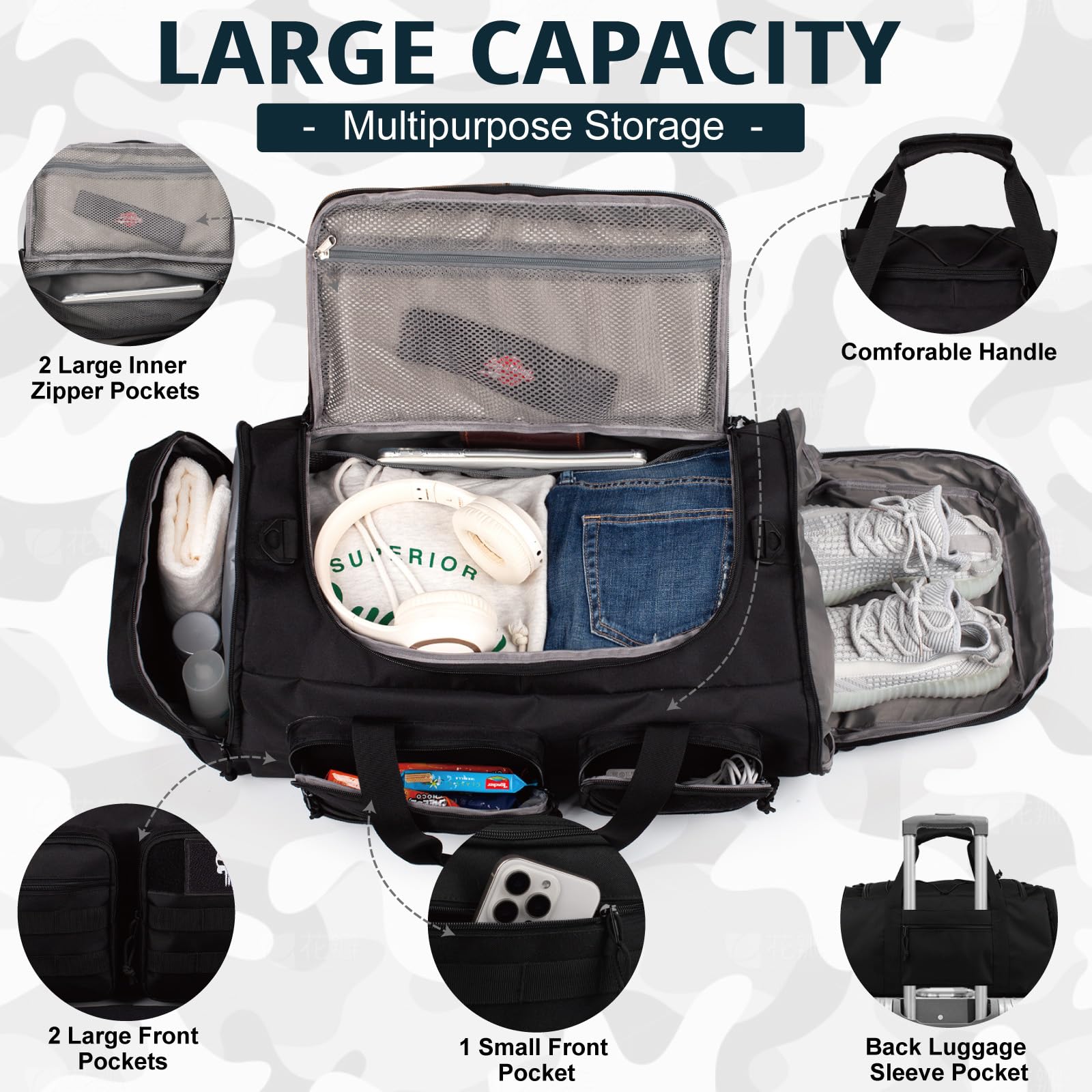 Borsa Palestra Tattica 3 in 1 da 50L per Uomo e Donna – Zaino da Viaggio Impermeabile con Scomparto Scarpe e Tasca Umida – Borsone Sportivo Weekend, Viaggio, Notte