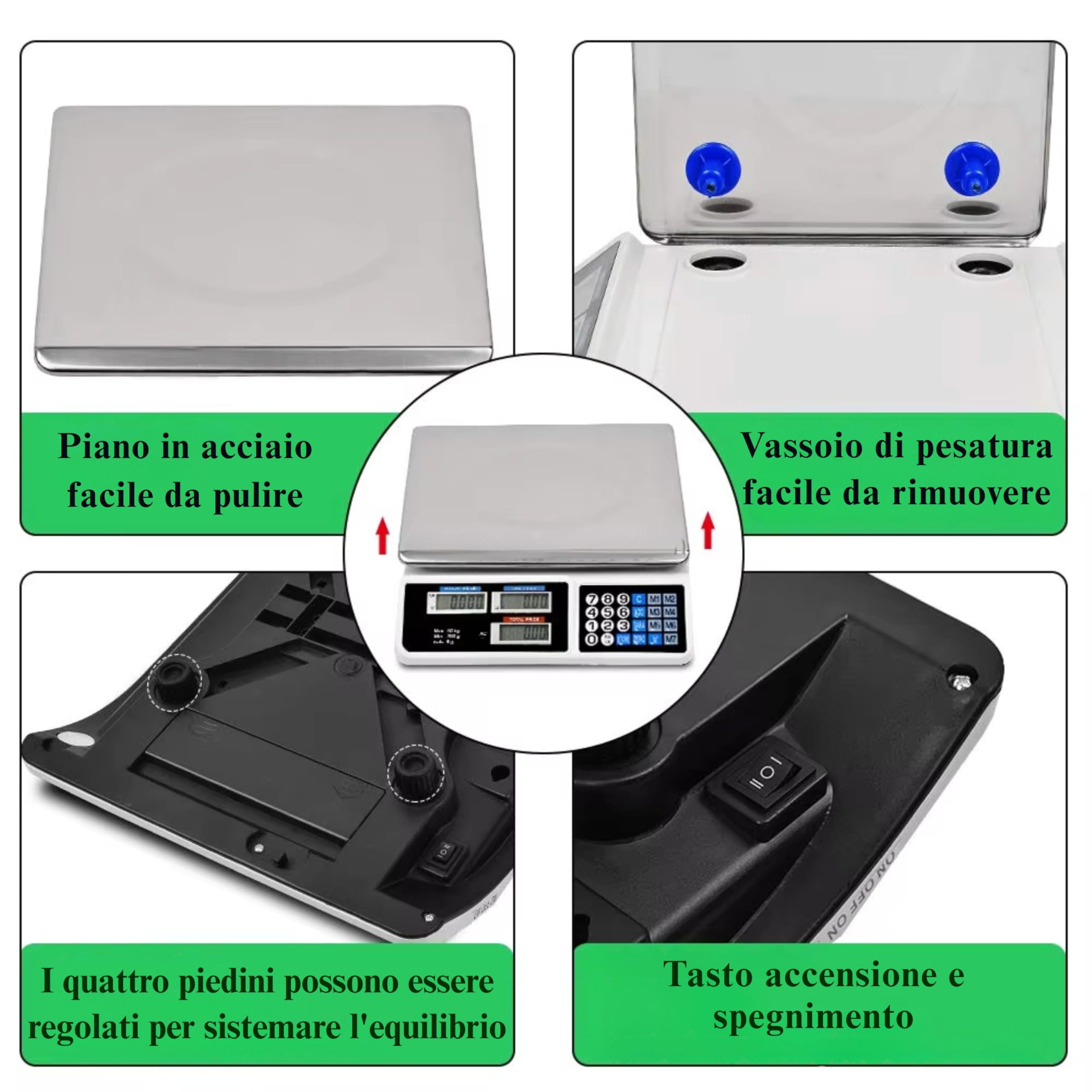 Yasta Bilancia Professionale Digitale da Banco 40kg, Alta Precisione 2g, per Alimenti e Pacchi, 7 Memorie Prezzi, 6 Display LCD Retroilluminati, Batteria Inclusa