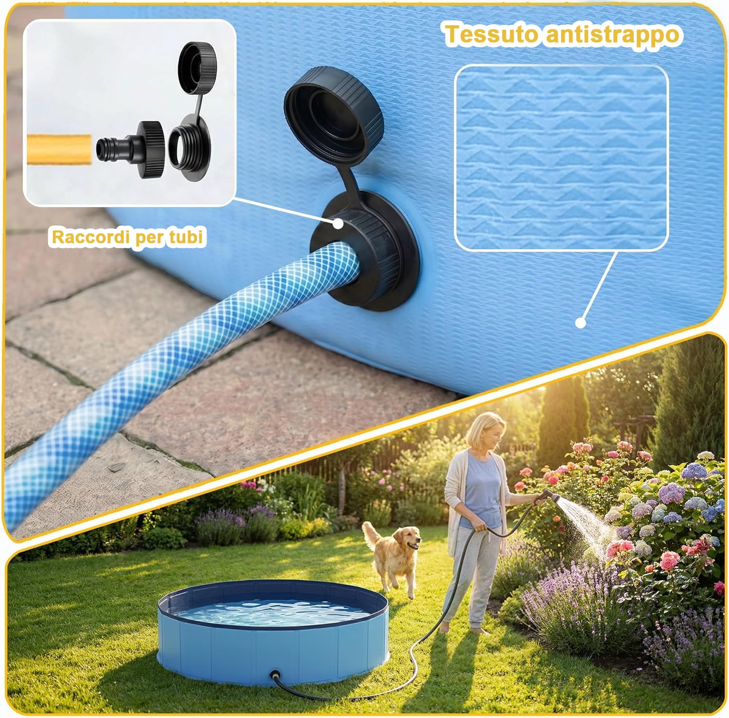 Vasca pieghevole per cani in PVC antigraffio, Ø 100 cm, Altezza 30 cm, rivestimento antiscivolo e tappo di scarico, svuotamento rapido senza pompa, vasca robusta