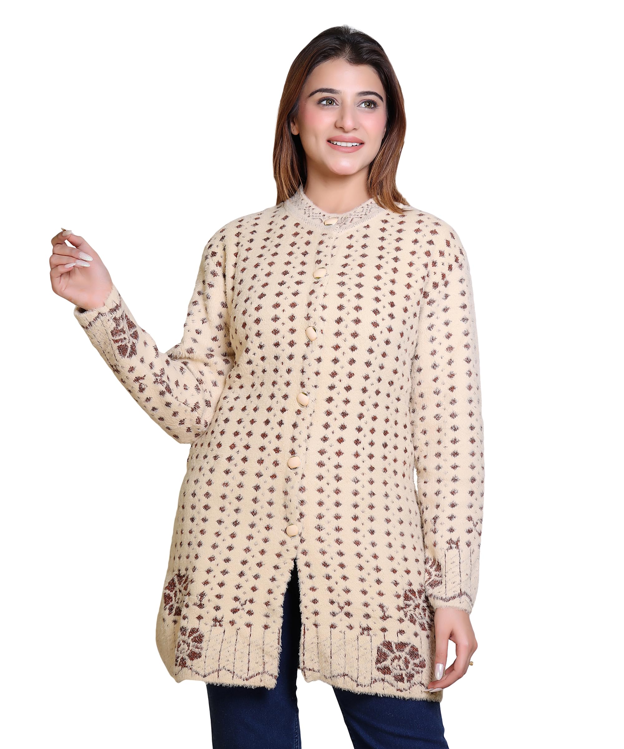 grand line Women's Woolen/Acyrlic Winter Wear Warm Full Sleeve Knitted Cardigan/Sweaters Hair Yarn Long Coat Pullover Computer Knitted Jaquard Design | Size Suitable for Land XL | Beige-picture-22