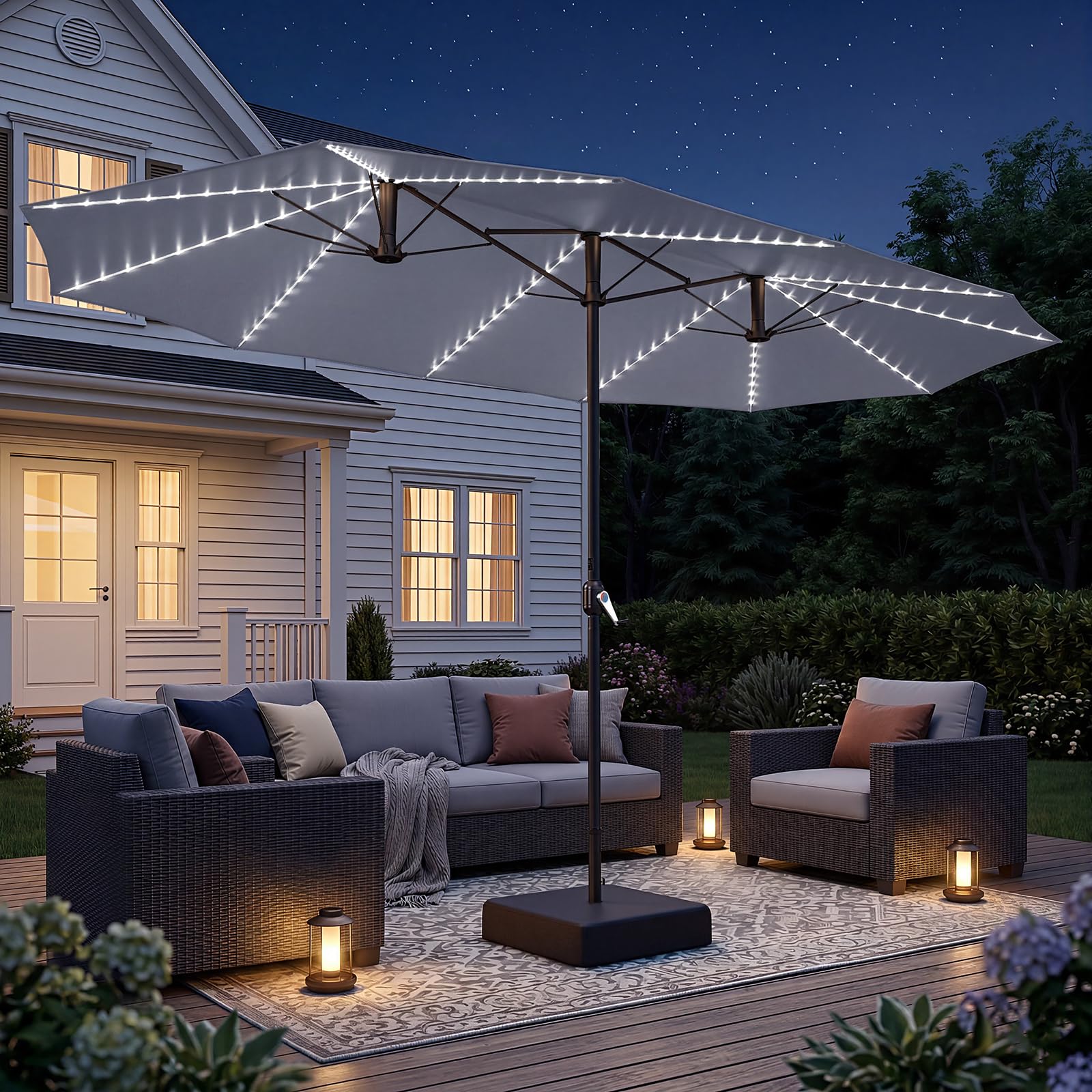 AECOJOY 15ft Double-Sided Patio Umbrella with Solar Lights
