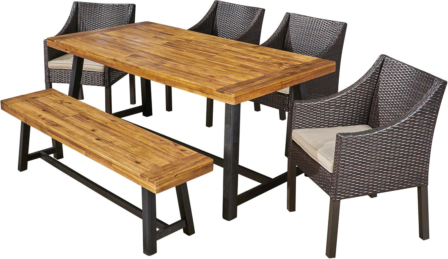 Great Deal Furniture GDFStudio Outdoor 6 Piece Dining Set with Wicker Chairs and Bench, Sandblast Teak and Multi Brown and Beige