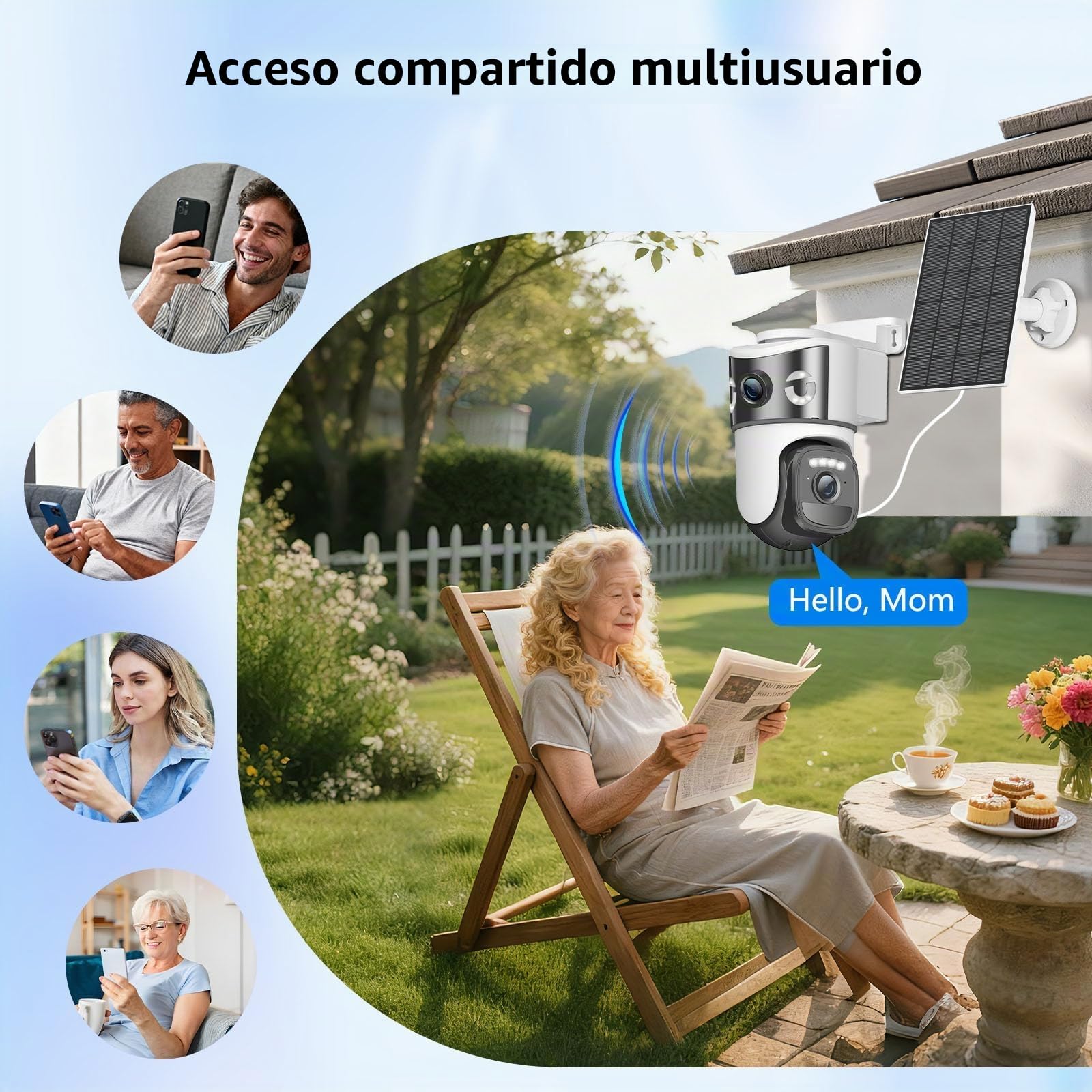 8MP Cámara Vigilancia WiFi Exterior Solar con Doble Lente, Panel Solar 6W, 360° PTZ,Visión Nocturna en Color,Audio Bidireccional,Detección Humana PIR, 2.4GHz,IP66
