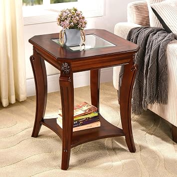 Square High End Side Table with Tempered Glass Top, Farmhouse Sofa Beside Table with Storage Shelf, Living Room Corner Tables with Wood Carved legs, 23.8H Telephone Tabless, Cherry Brown CJZ-A1168-GT