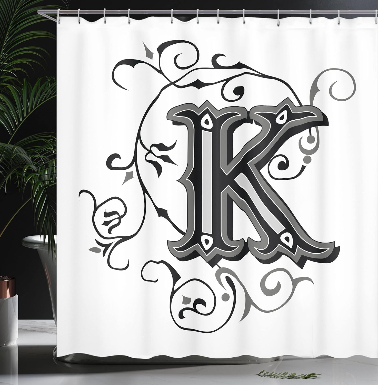 Ambesonne Letter K Shower Curtain, Uppercase Design from Medieval Times Typography Sign Alphabet Pattern, Cloth Fabric Bathroom Decor Set with Hooks, 69" W x 70" L, Black Charcoal White