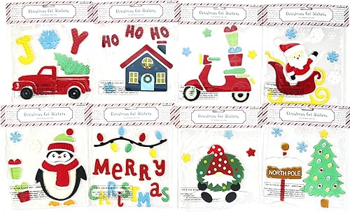 8 hojas de gel de Navidad para ventana, diseño de HO, Scooter con regalos, pingüino, gnomo, alegría, árbol de Navidad, Santa Sliegh, Feliz Navidad.