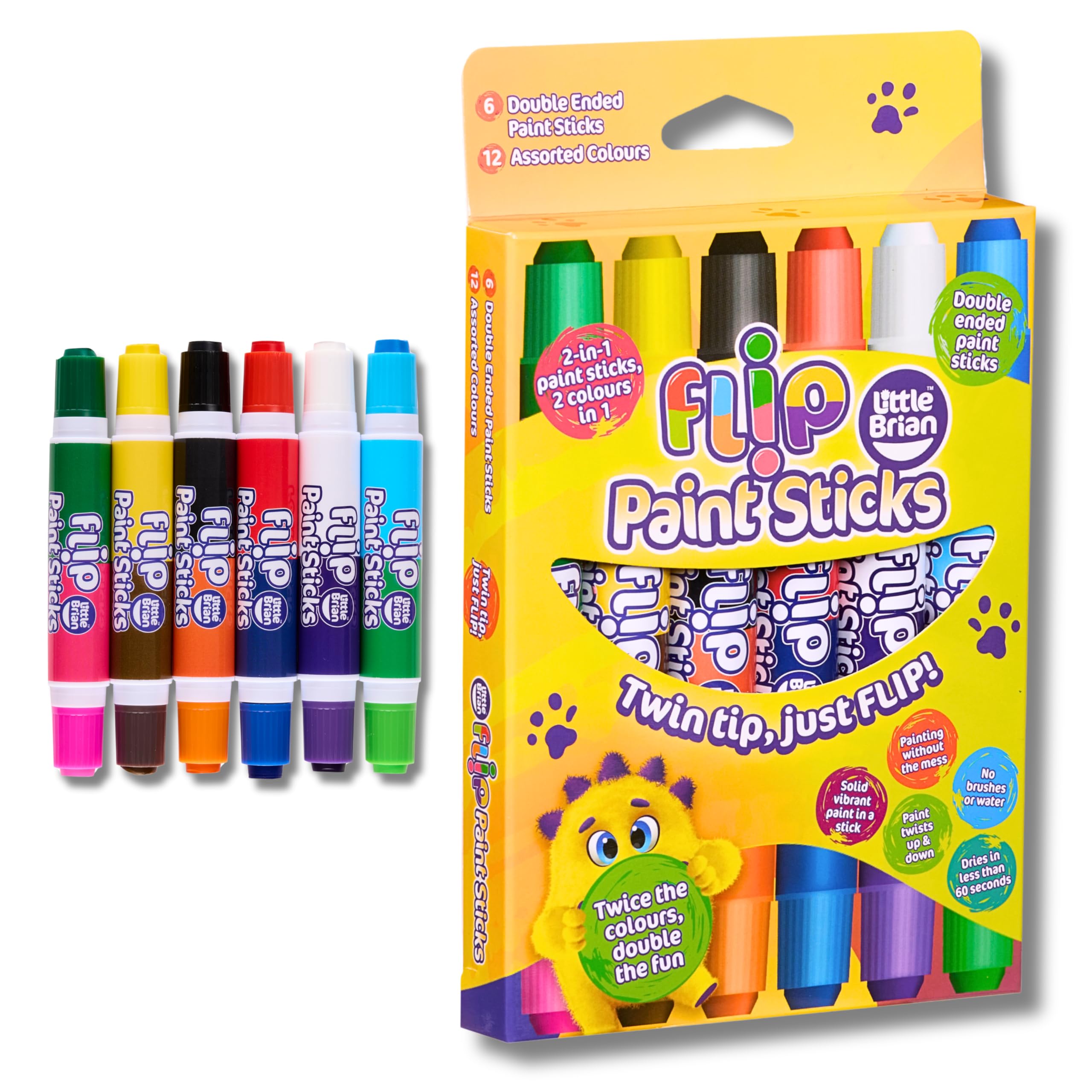 Little Brian Paint Flip Paint Sticks For Kids - 6 Pack with 12 Assorted Colours, Twin Tips, Double-Ended - Mess-Free, Easy Clean Up, Fast Drying Action, Vibrant Colours, Multi-Surface, Twist & Paint