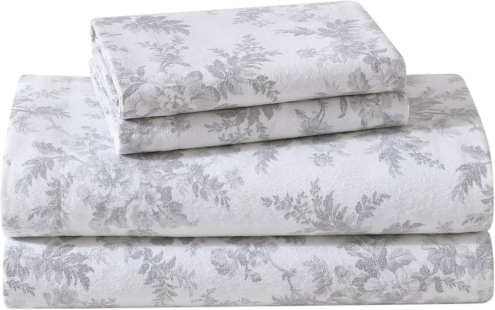 Laura Ashley - King Sheet Set, Cotton Flannel Bedding, Brushed for Extra Softness & Comfort (Vanessa Grey, King)