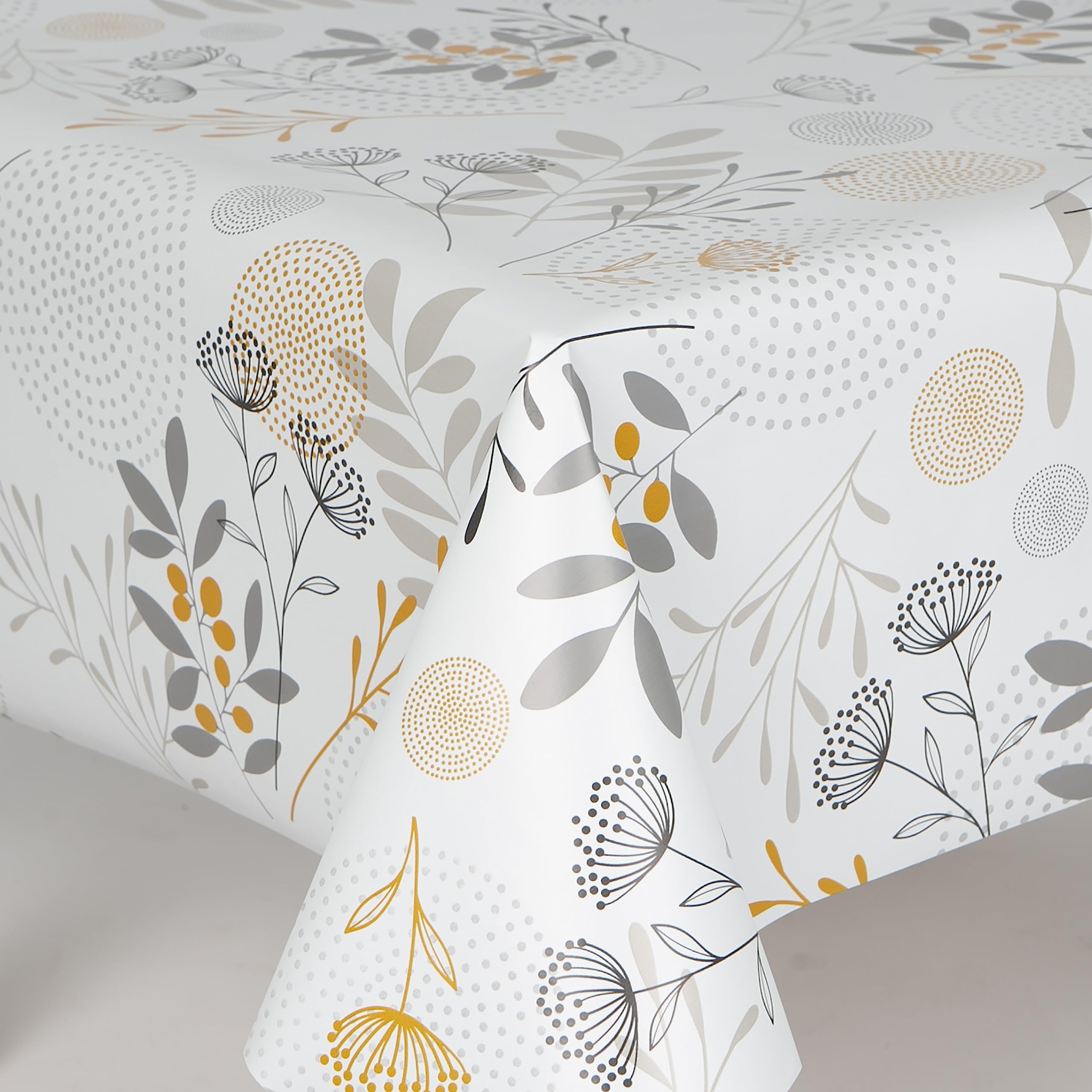 Home Expressions Allium Gold and Grey Flowers and Leaves Wipe Clean Vinyl Table Cloth/Protector Textile Backing (Oval 137cm x 229cm)
