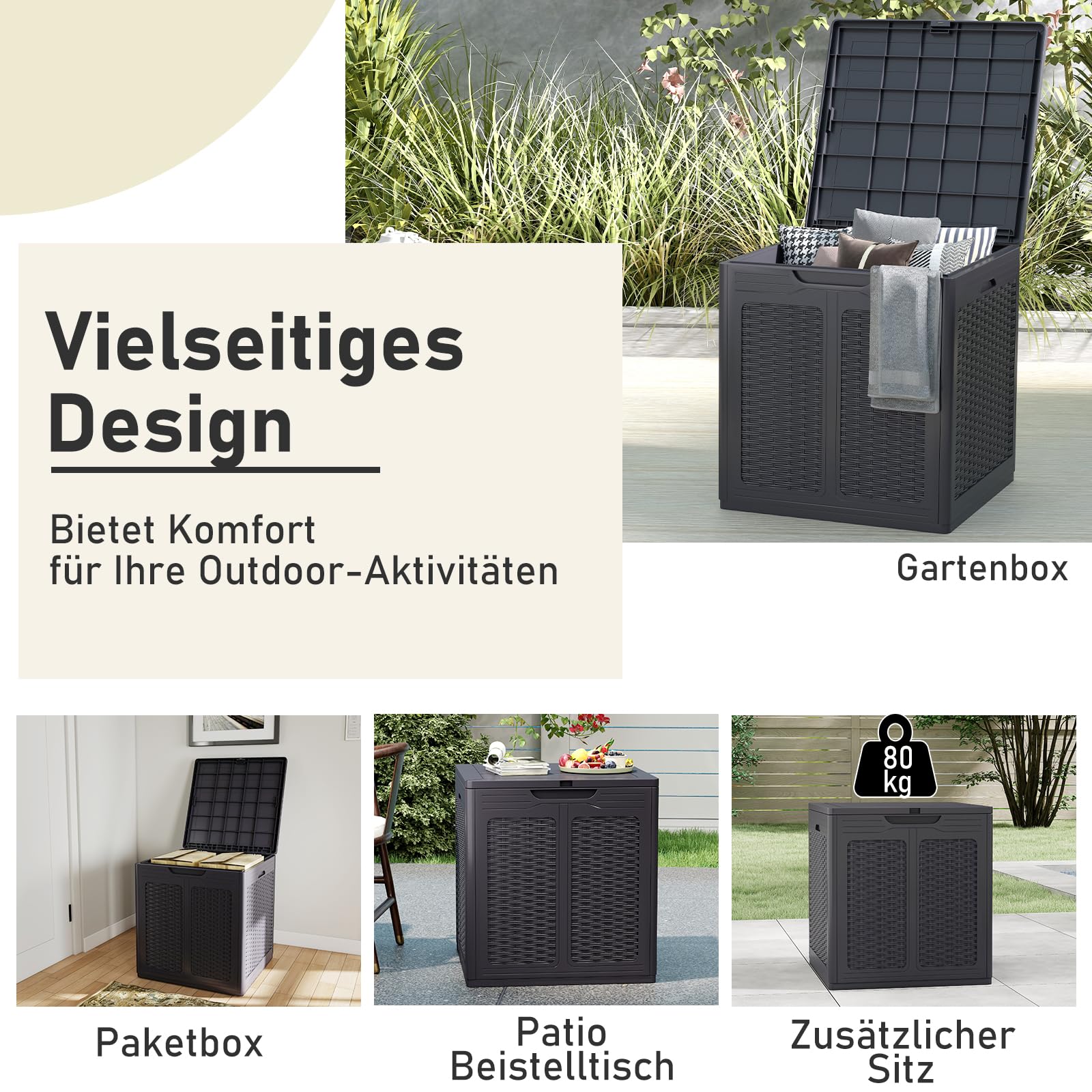 GOPLUS Gartenbox 145 L, Aufbewahrungsbox mit abschließbarem Deckel, Auflagenbox wasserfest mit Griffen, Deckbox Gartentruhe Kissenbox für Gartengeräte, Kissen & Poolzubehör (145 L,Braun)
