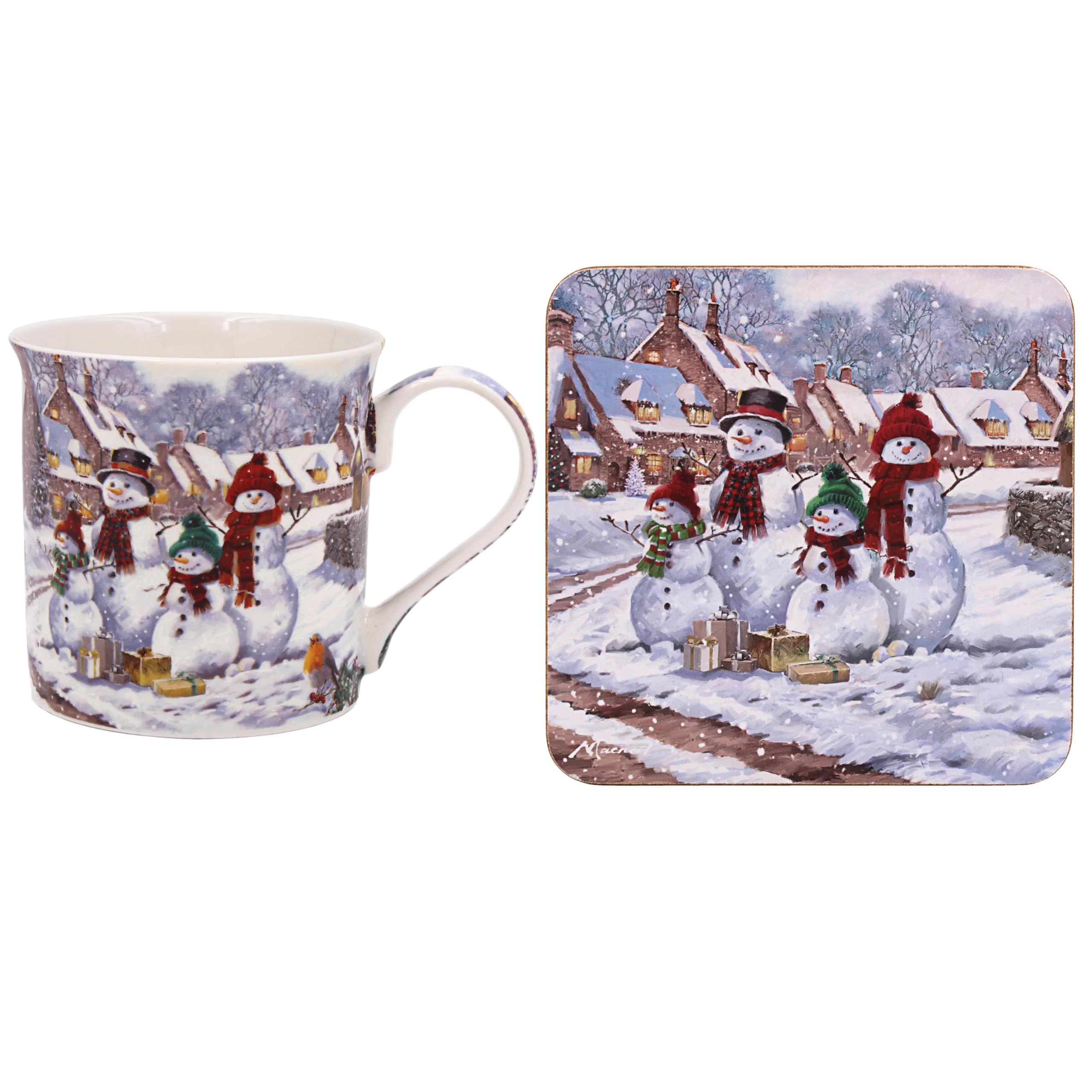 The Leonardo Collection Women's Snowmen Mug & Coaster For Hot Drinks | Reusable Fine China Coffee Cups For Kitchen & Home | Printed Tea Mugs For Every Occasion | Durable Cup For All Types Of Beverages