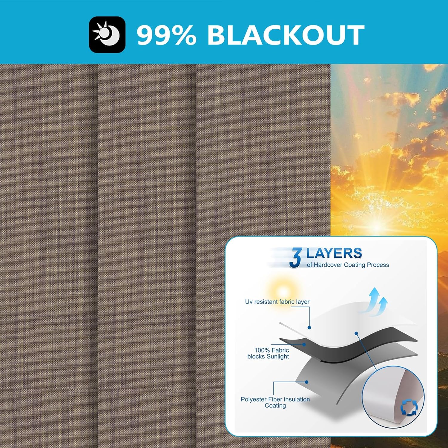 ZY Blinds Cordless Blackout Vertical Blinds, 3.5 Inch Slats Fabric Window Shades, Third Generation UV Insulation Large Size Blinds for Sliding Doors, Patio Doors, Office Windows, Light Coffee