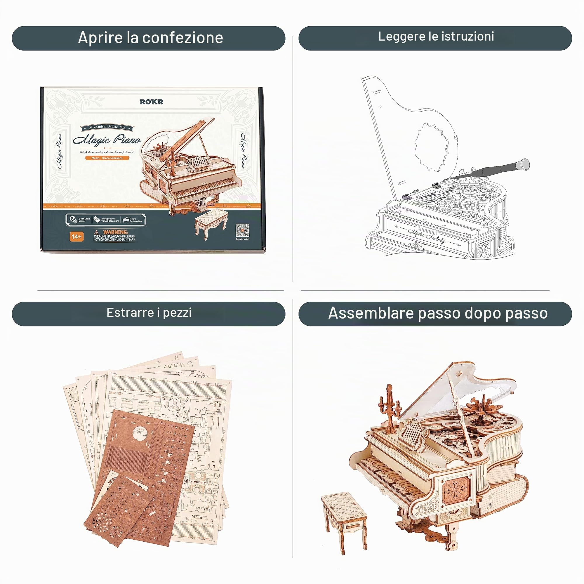 ROKR Puzzle 3D Legno Modellismo da Costruire Adulti Modellini Carillon Pianoforte Magico Modello Meccanico Set di Costruzione Artigianato per Adulti Regali Natale 223pcs, Magic Piano