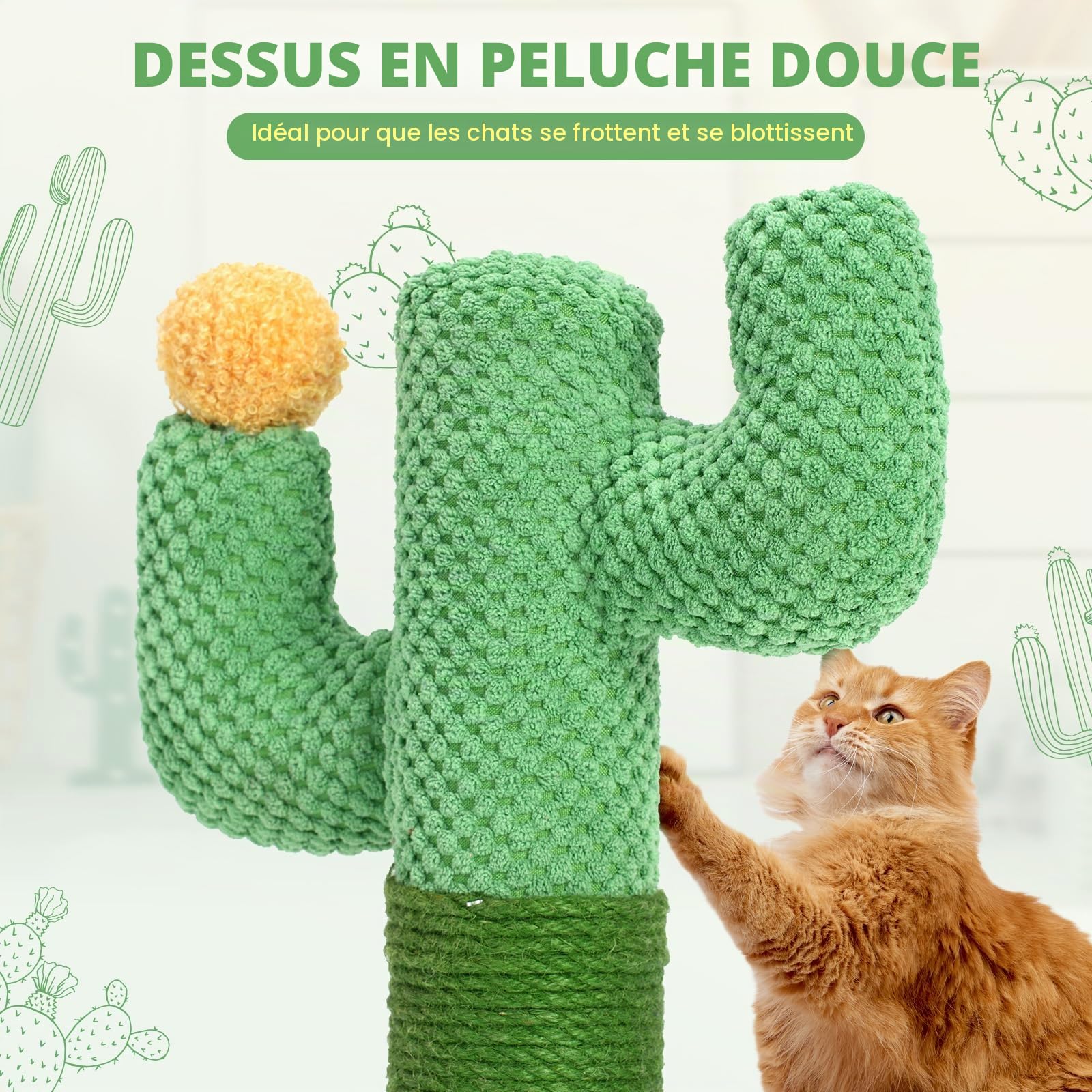 Happy & Polly Cactus Griffoir pour Chat 50 cm - Poteau en Corde de Tissu Résistant Jute Naturel - Grattoir Base Stable pour Chatons et Chats Adultes d'Intérieur - Vert
