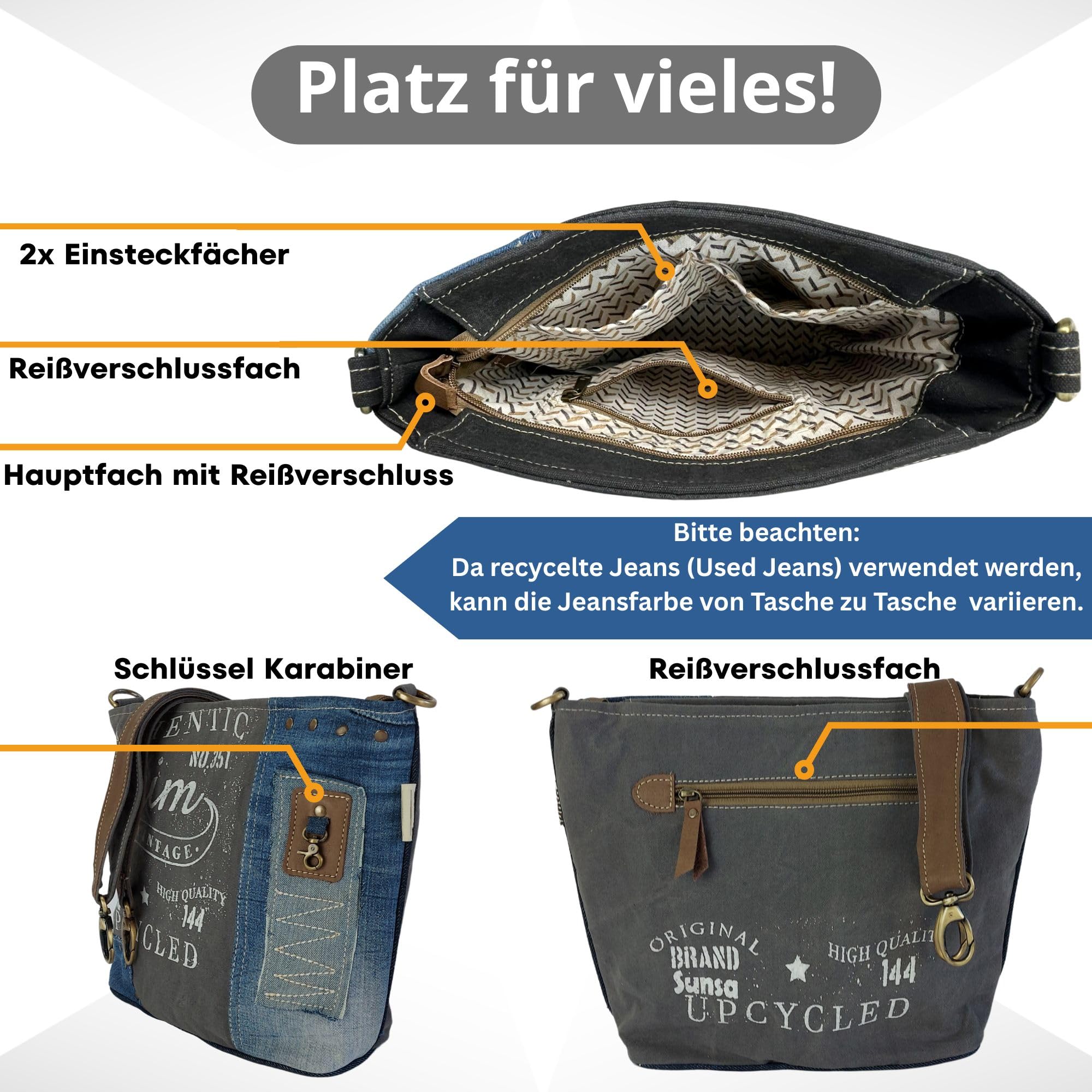 Sunsa Damen Umhängetasche Tasche aus recycelten Jeans Canvas & Leder, Nachhaltige Jeanstasche. Damentasche in Retro/Vintage Design
