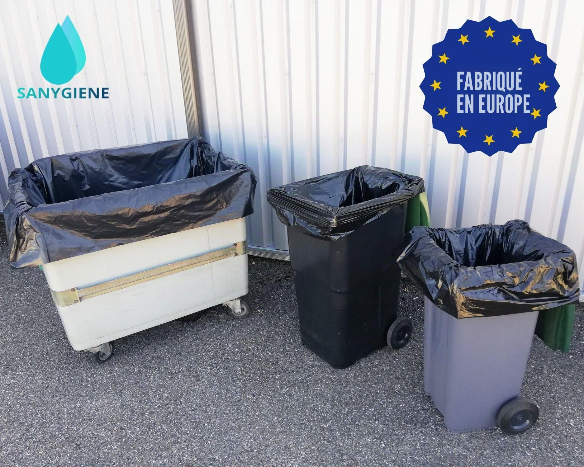 Lot de 10 Sacs Poubelle Doublures de Container + 1 Sangle de Fixation | Anti Salissures - Anti Odeur | Résistant - Anti Fuites | Evite Lavages Jet d'Eau - Fabriqué en Europe (340 LITRES)