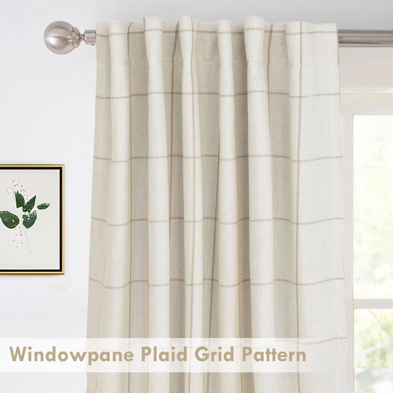 DriftAway 100% Blackout Windowpane Plaid Linen Curtains Double Layer Farmhouse Drapes 96 Inches Long for Living Room Bedroom Yarn Dyed Woven Thermal Insulated Rod Pocket Back Tab 2 Panels Taupe