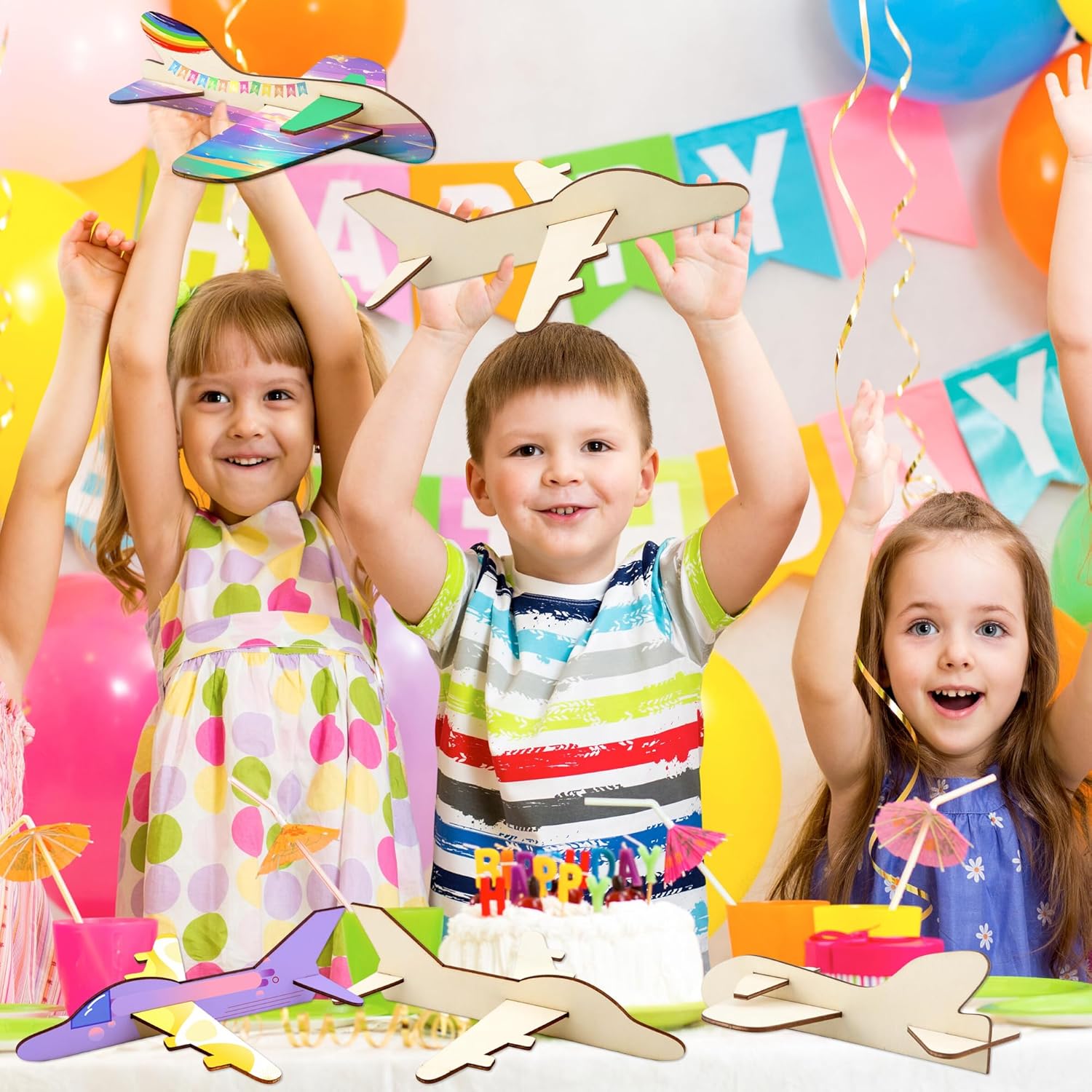 Haconba 24 Pack Wooden Craft Airplanes Unfinished Paintable DIY Wood Plane Model for Kids DIY Handicraft Activities (Color Style 2)