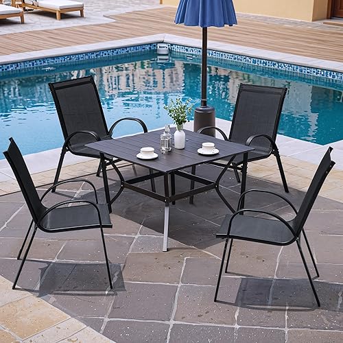 Miniatura 2 de Flamaker Juego de 4 sillas de comedor apilables para patio, sillas de metal y Teslin para exteriores, para césped, terraza, porche, balcón (negro)