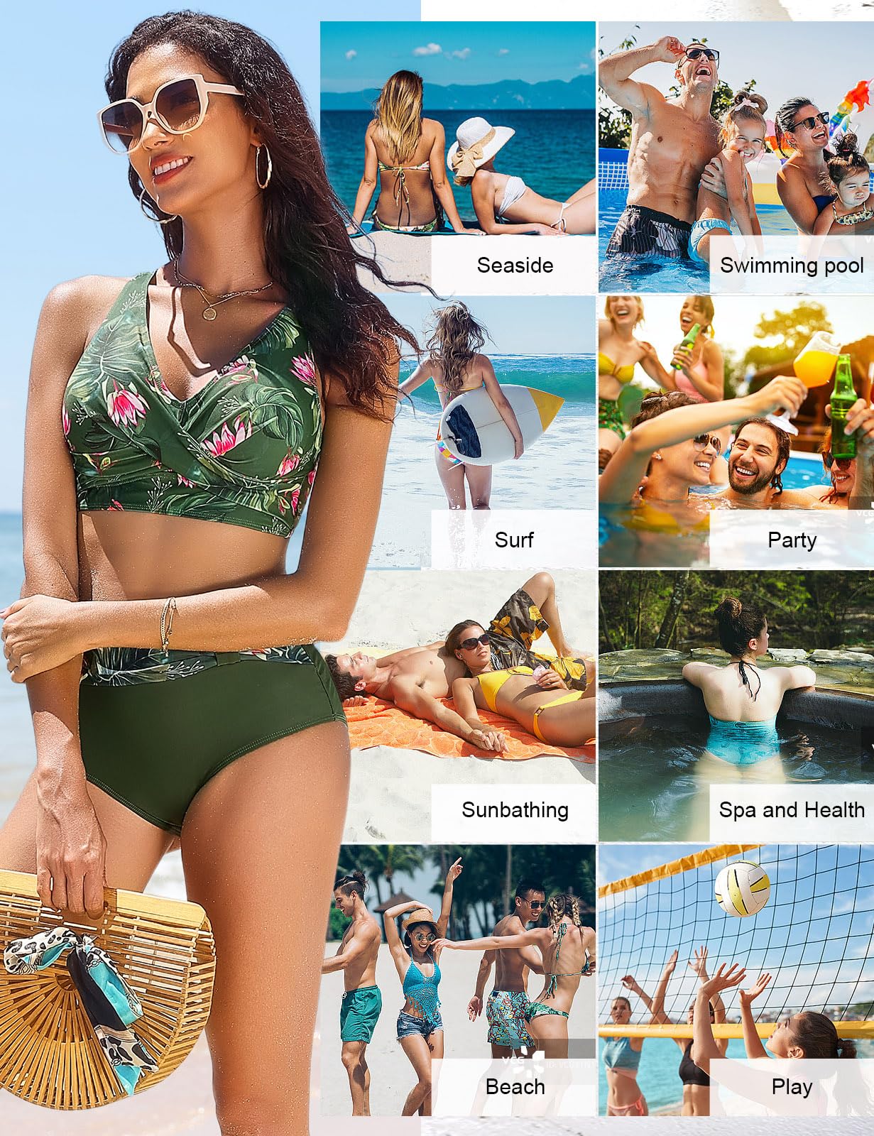 UMIPUBO Maillot de Bain Femme 2 Pièces Culotte Taille Haute Bikini Set Push Up Bikinis Sexy Col V Élégant Swimwear Ajustable Maillot de Plage