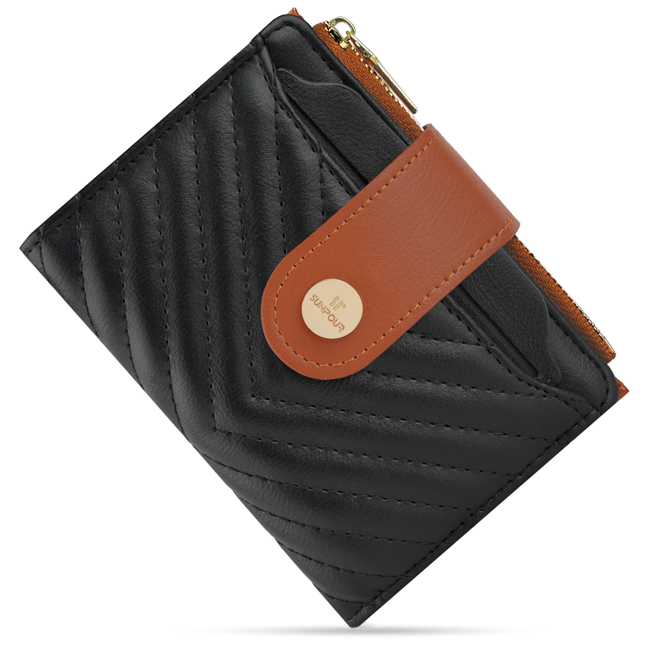 Sunpour Small Womens Wallet,Slim Bifold Leather Wallet for Women RFID Card Holder Ladies Compact Pocket Wallet Small Wallet for Crossbody Bag(Black＆