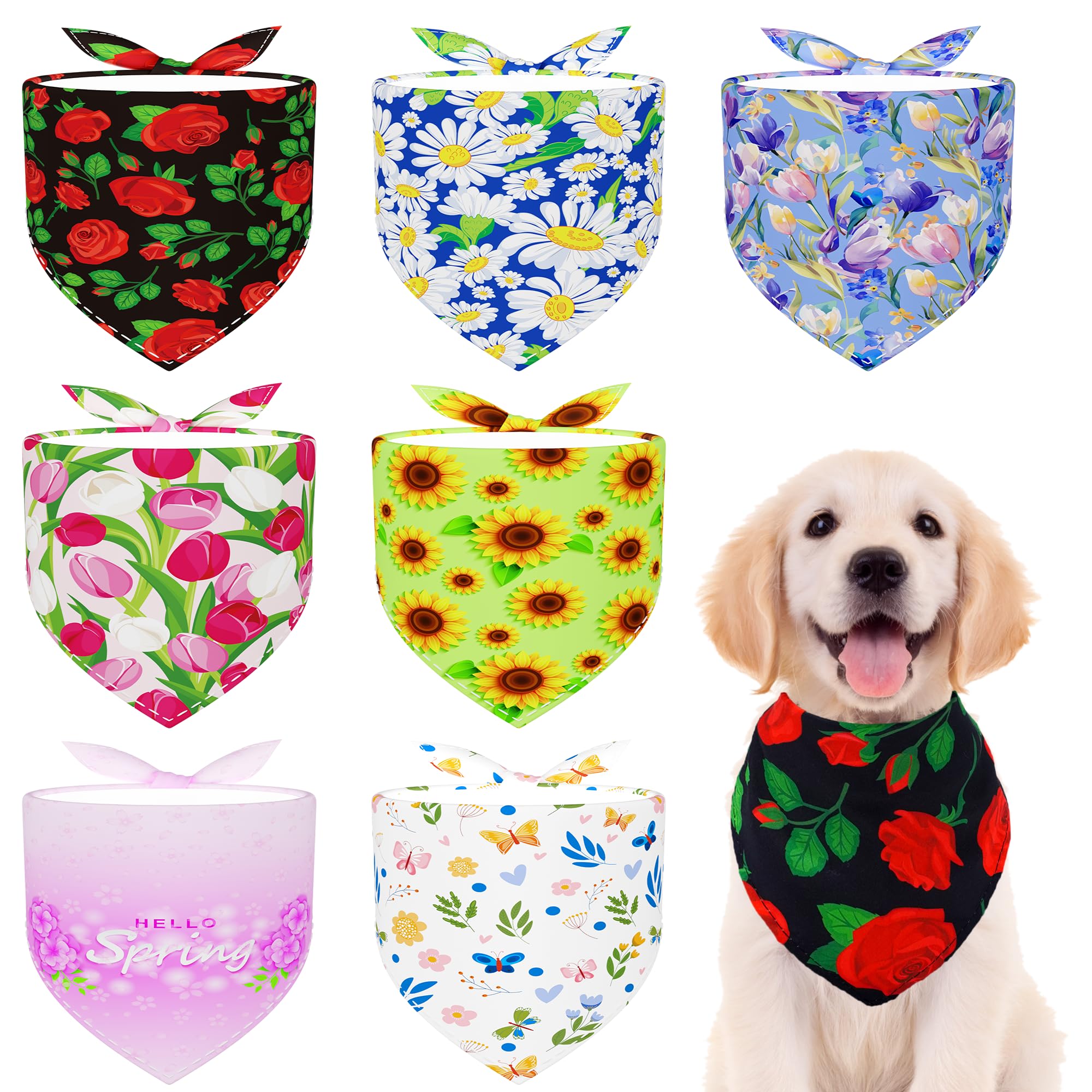 Pai Sence 7 Pcs Spring Dog Bandanas for Small Medium Dogs Breed 25 Inch Summer Flowers Dog Bandana Adjustable Large Hemming Seam Edge Scarves Grooming