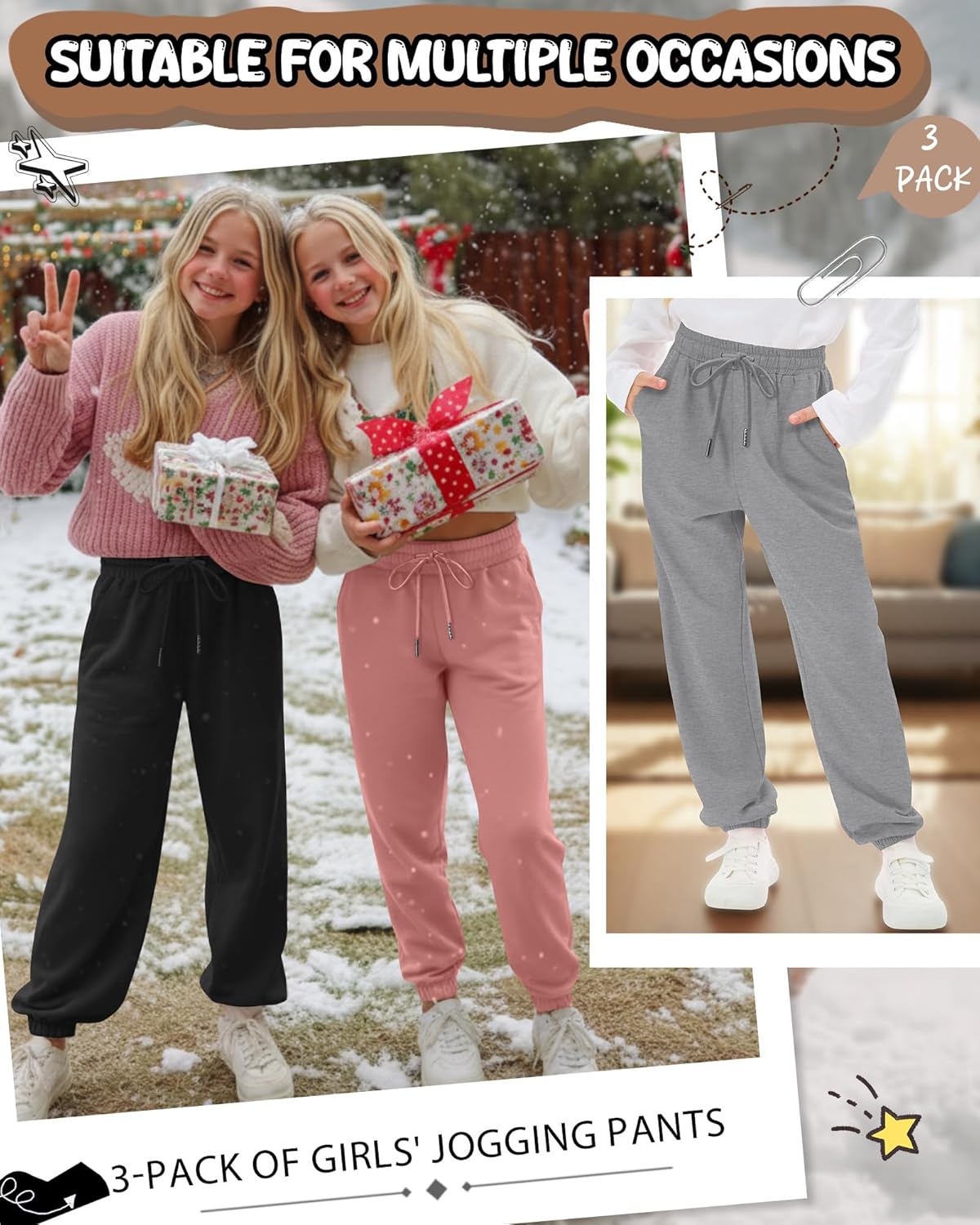 3 Pack Girls' Sweatpants Kids Elastic Waist Drawstring Joggers Casual Athletic Teen Toddler Active Pant with Pocket - Image 3