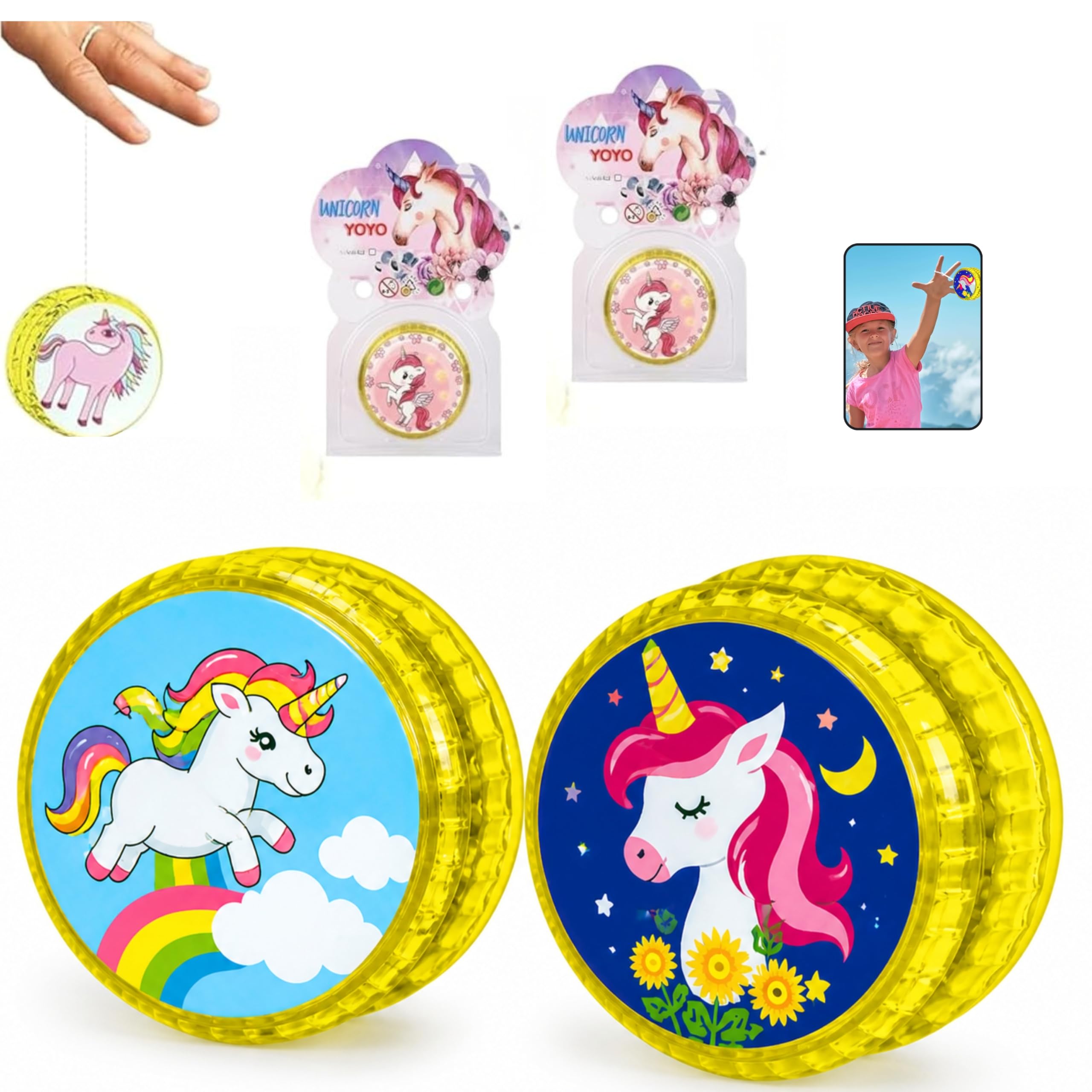 2 PCS Yellow Unicorn Glow Yo-Yo for Kids (5.5cm), Light Up Automatic Return, Yoyo with String