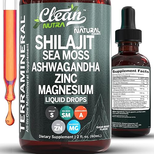 Clean Nutraceuticals Shilajit - Gotas líquidas con musgo marino, ashwagandha, zinc, magnesio, vitaminas líquidas para mujeres y hombres, Terra