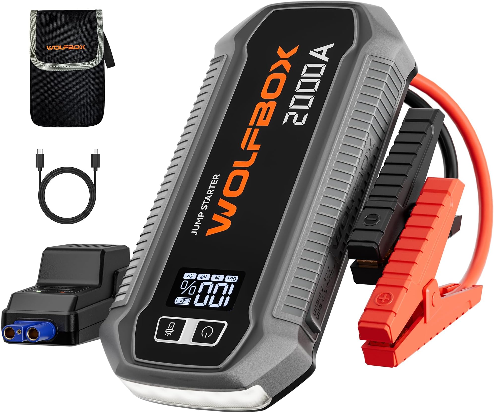 - WOLFBOX 2000A Jump Starter, 44.4Wh Battery Jumper Starter Portable with LED Display, 12V Car Battery Jump Starter Pack (7L Gas 6L Diesel Engine) with Booster, LED Light, Jumper Cables (NO Adapter)