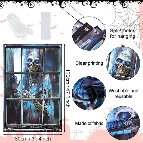 Miniatura 2 de LOMIMOS Decoración aterradora de Halloween para ventana, cortina de terror de Halloween, esqueleto para ventana, decoración de telón de fondo