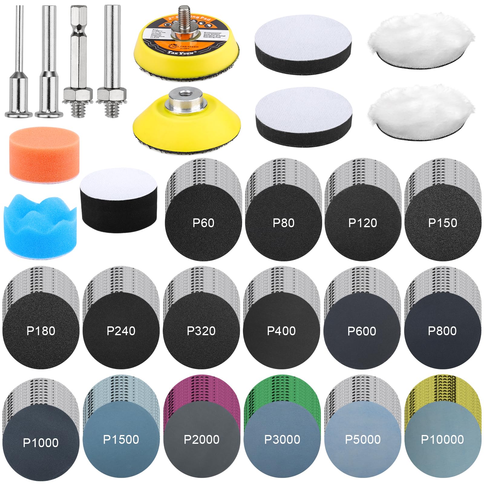 Lot de 333 embouts de polissage pour visseuse sans fil, 50 mm, papier abrasif humide et sec | Disques abrasifs de 5 cm - Kit de polissage de phare - Éponge de polissage pour voiture, métal, bois